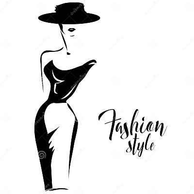 Black and White Retro Fashion Model in Sketch Style. Hand Drawn Stock ...