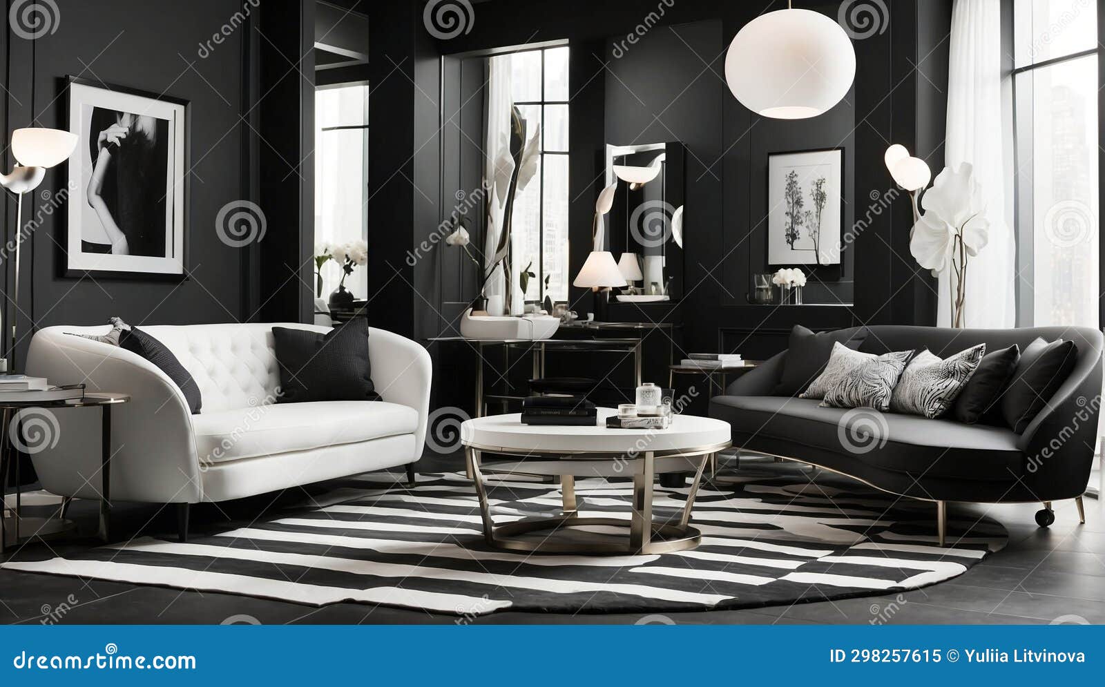 A Black and White Room with a Designer Interior. Stock Illustration