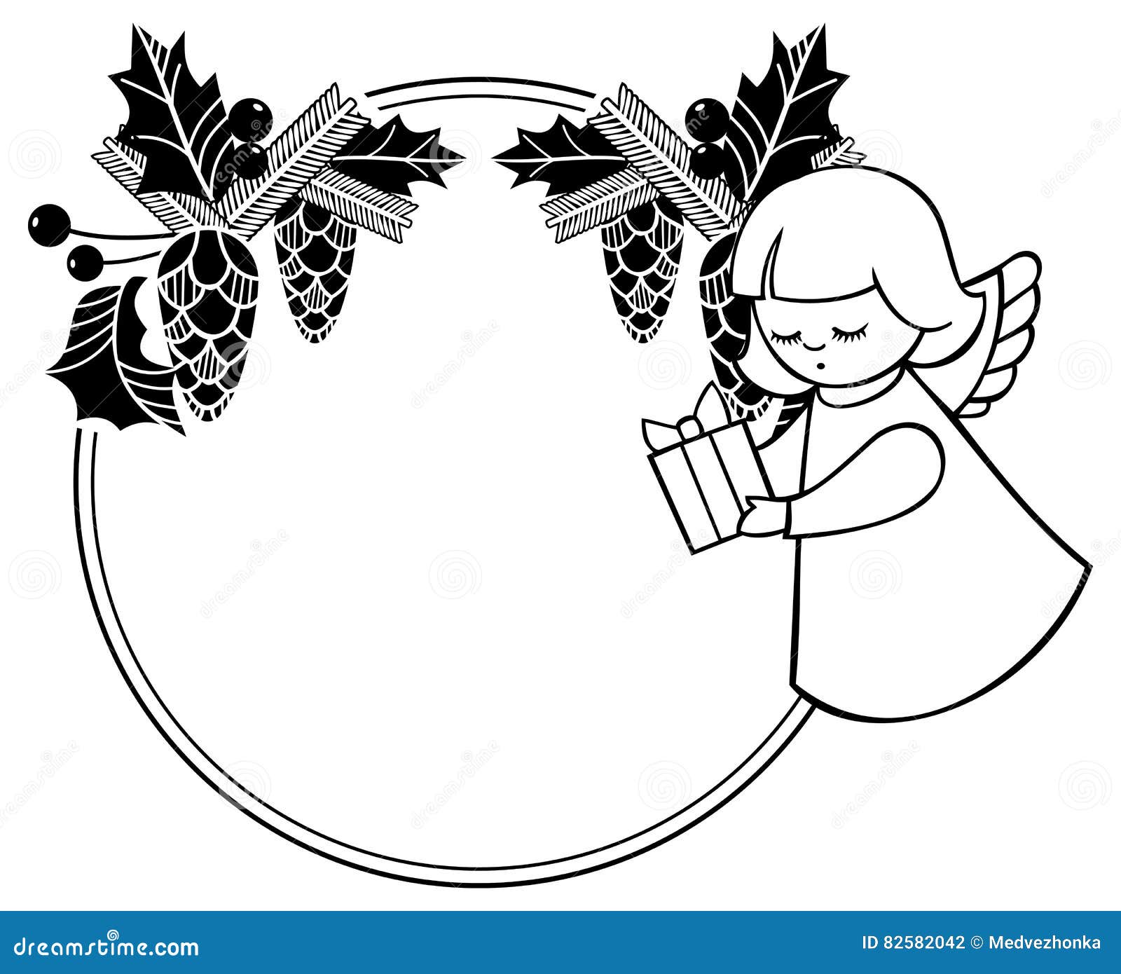 Black and white rouen Christmas frame with cute angels Copy space Winter holidays background Vector clip art