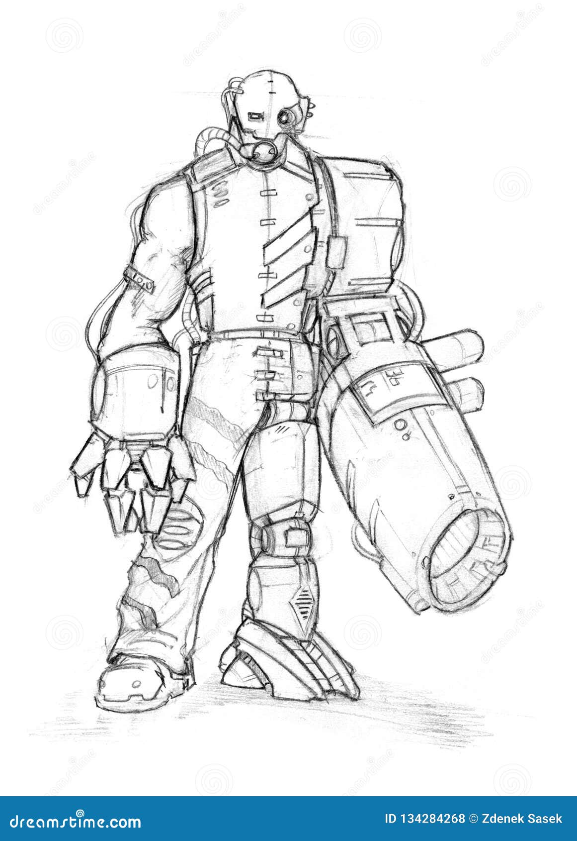 Black Grunge Rough Ink Sketch of Robot Stock Illustration