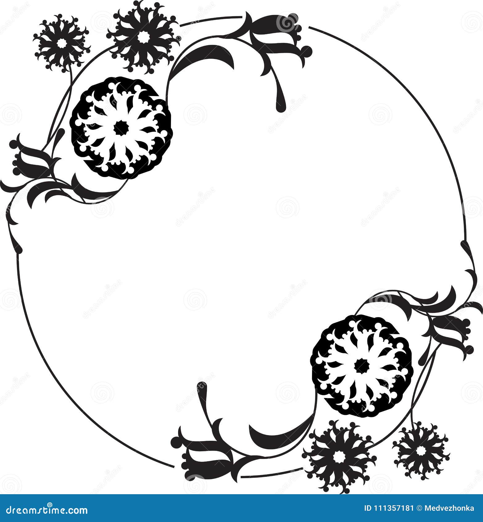 Black and White Round Frame with Floral Silhouettes. Stock Vector ...