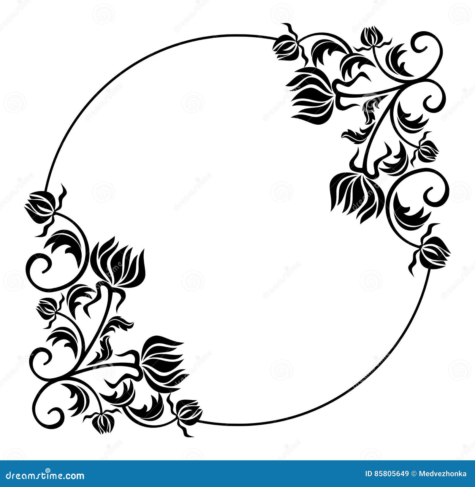 Black and White Round Frame with Flowers Silhouettes. Stock Image - Image  of clipart, drawing: 85805649