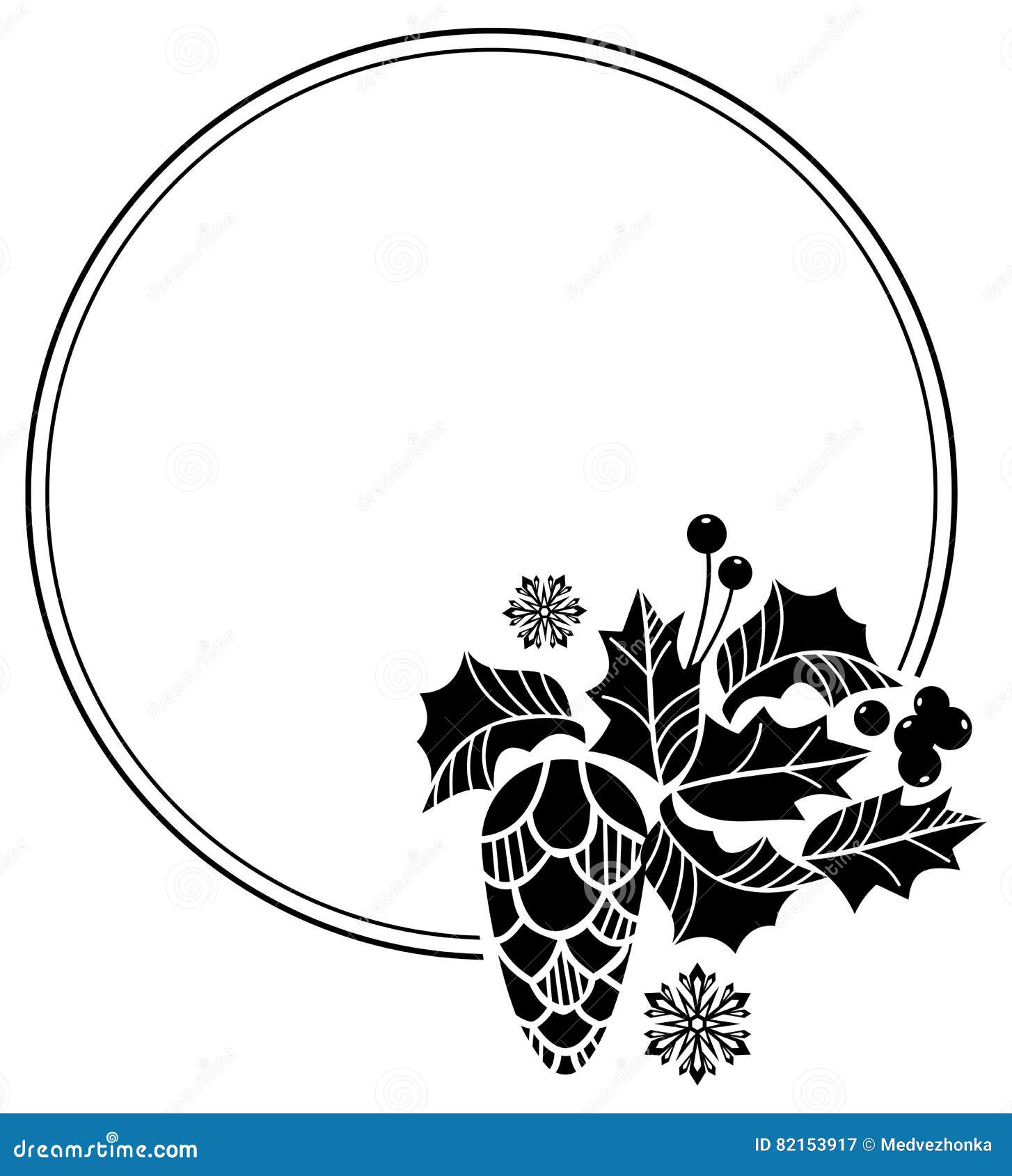 Black and White Round Frame with Pine Cones Silhouettes. Copy Space ...