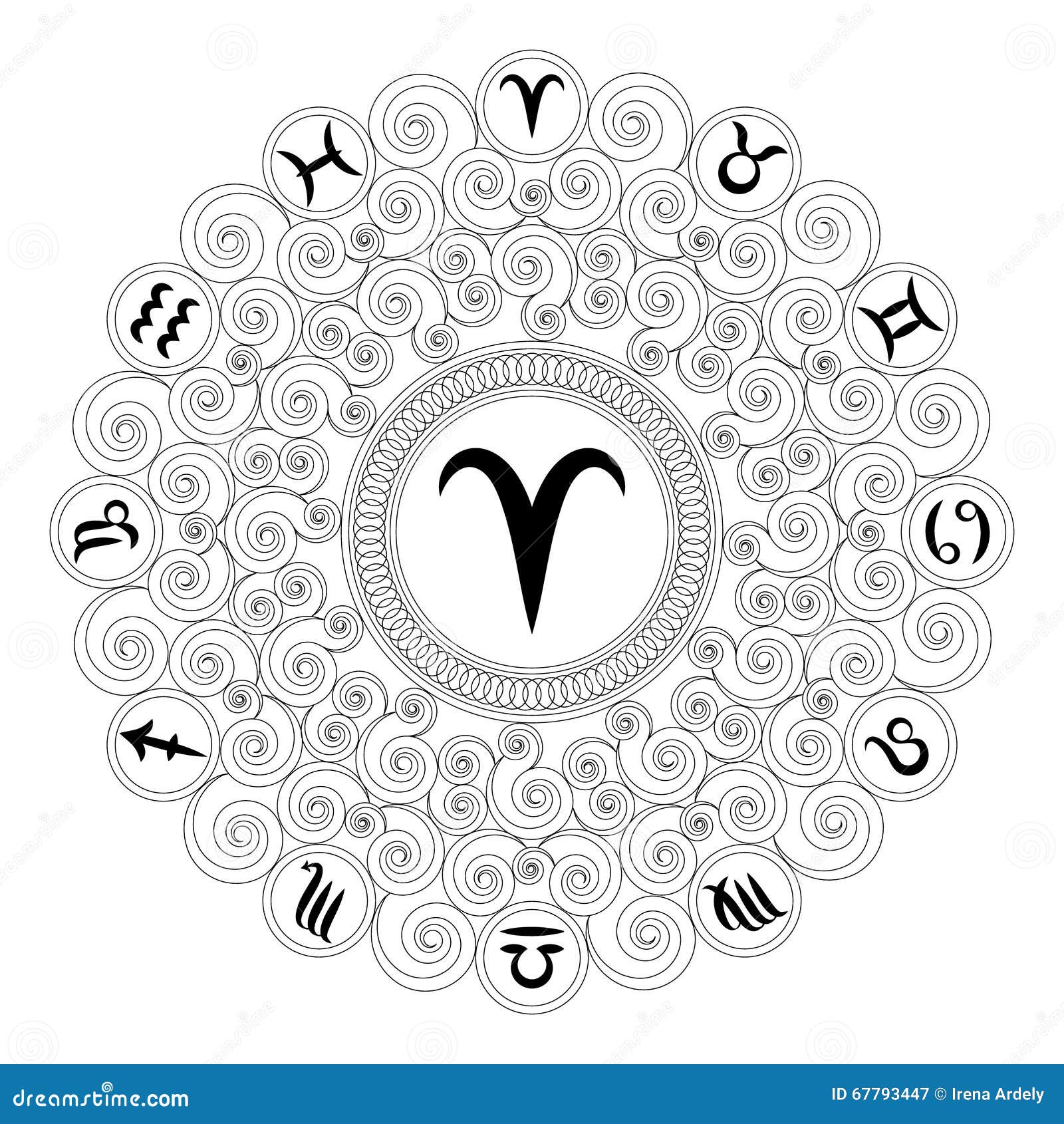 Download Black And White Round Mandala With Zodiac Symbol Of Aries - Adult Coloring Book Stock Vector ...