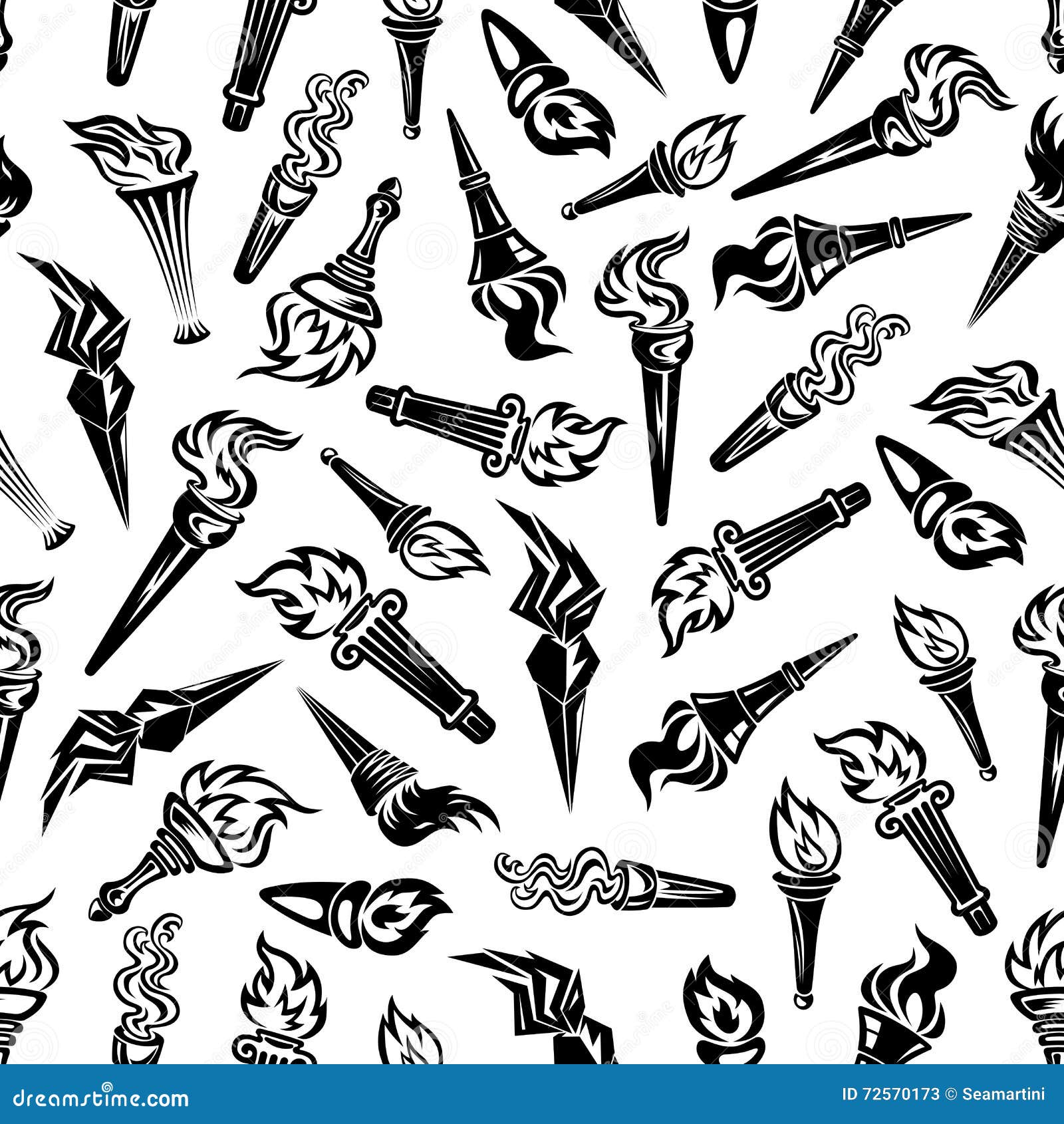 Black and White Seamless Flaming Torches Pattern Stock Vector