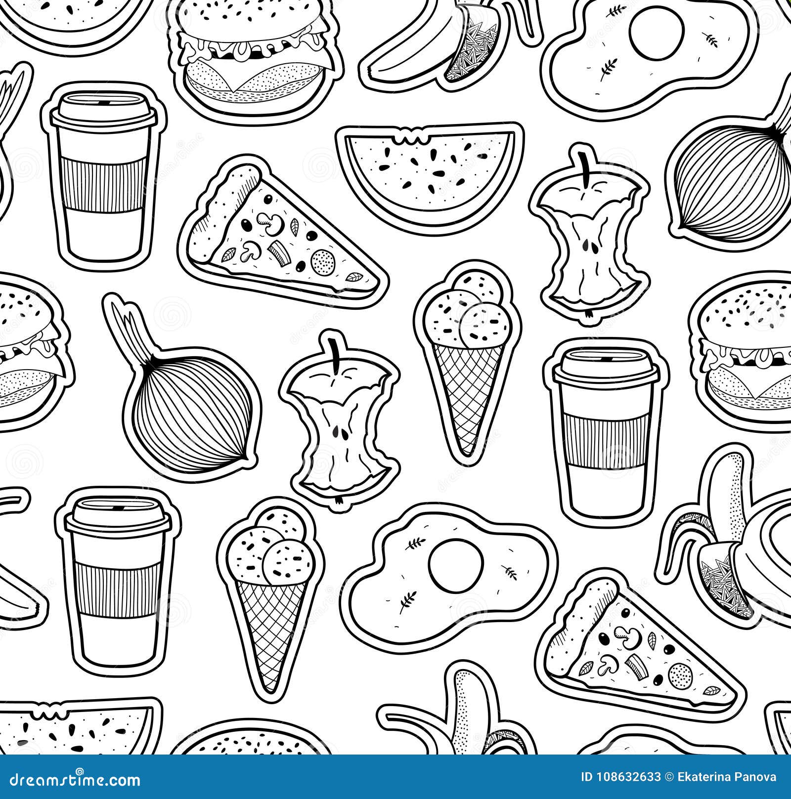 Black and White Seamless Illustration with Food. Stock Vector