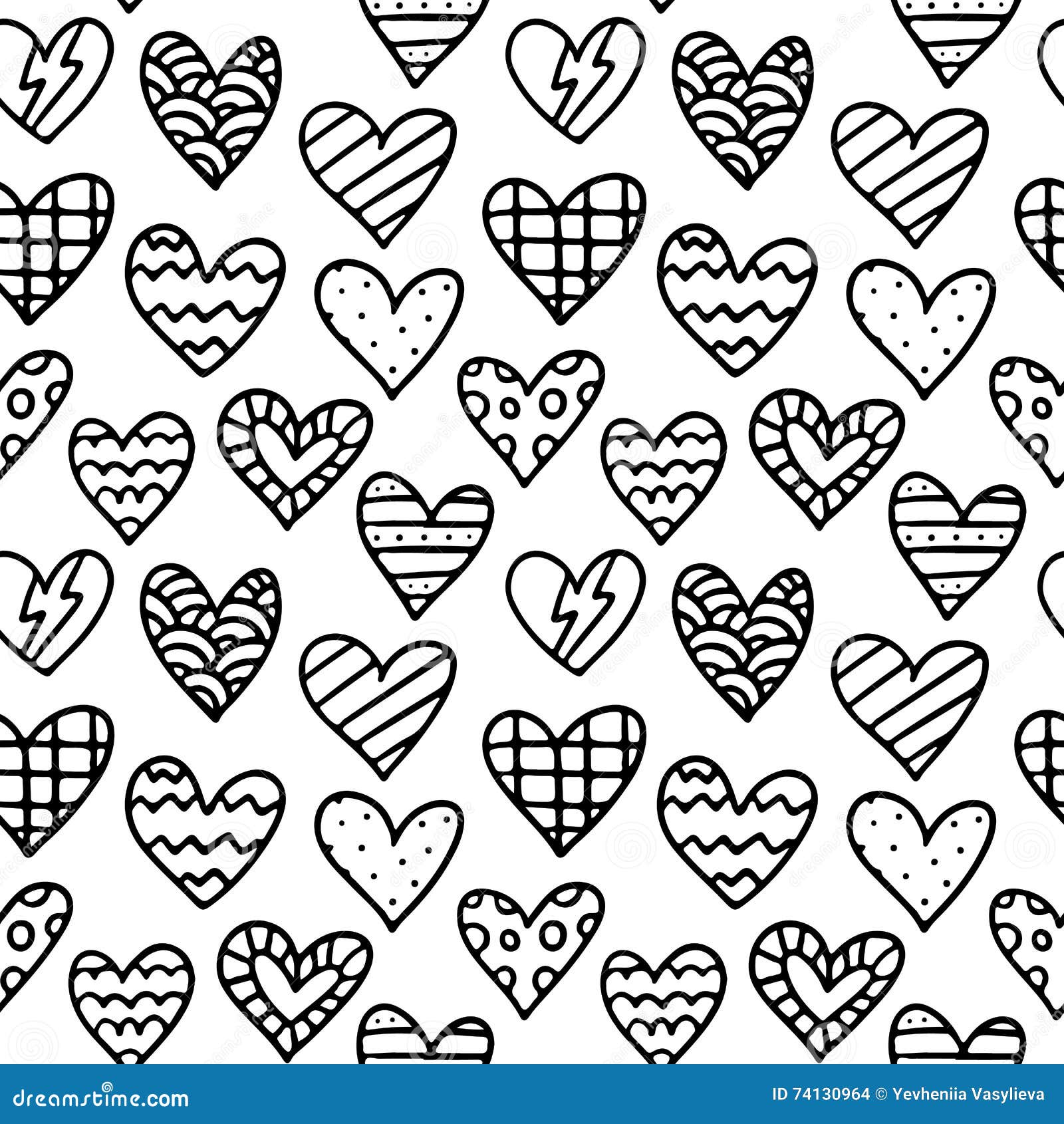 Black And White Seamless Pattern With Outline Doodle Hearts St