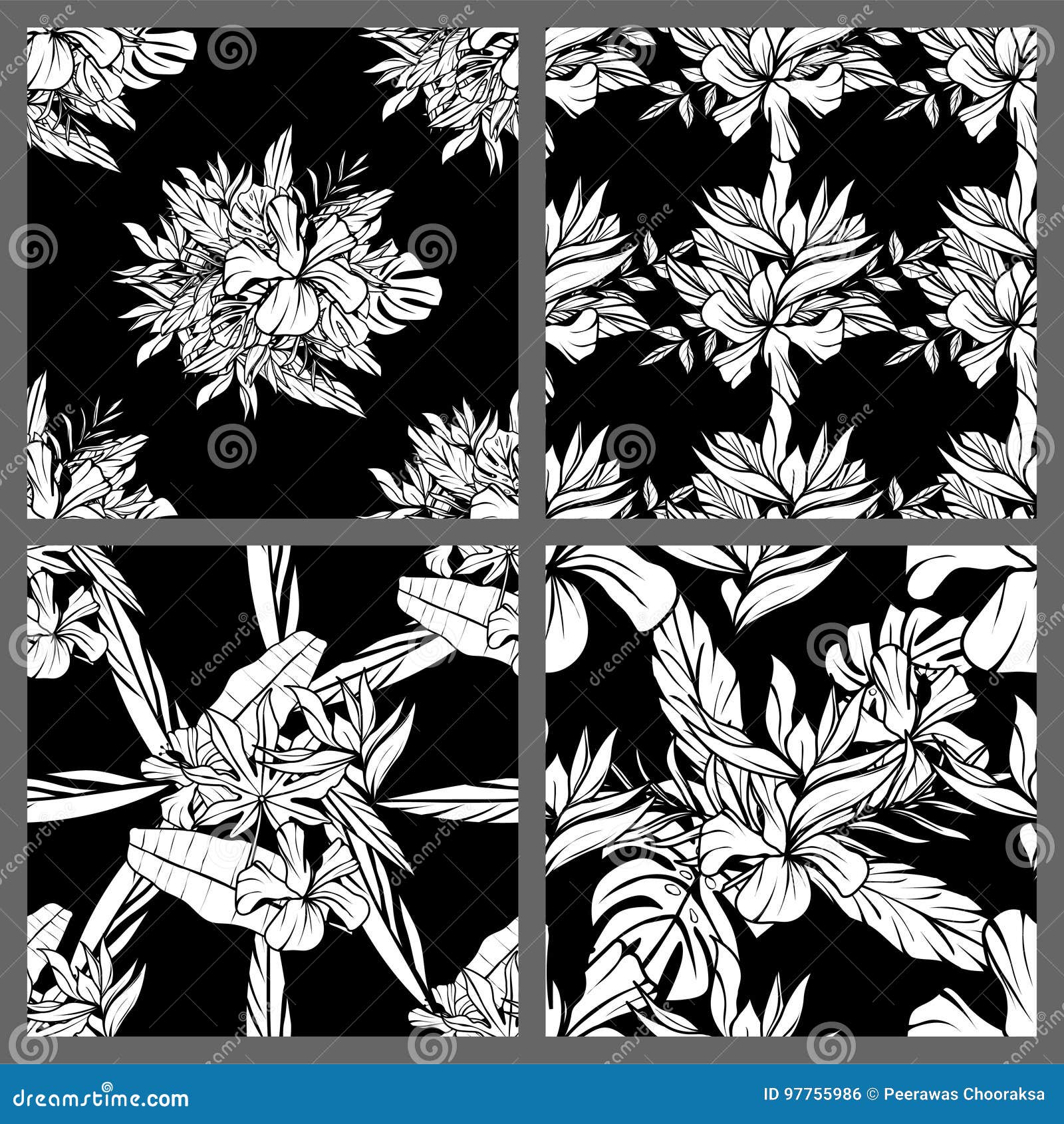 Black and White Seamless Tropical Leaves Floral Vector Pattern