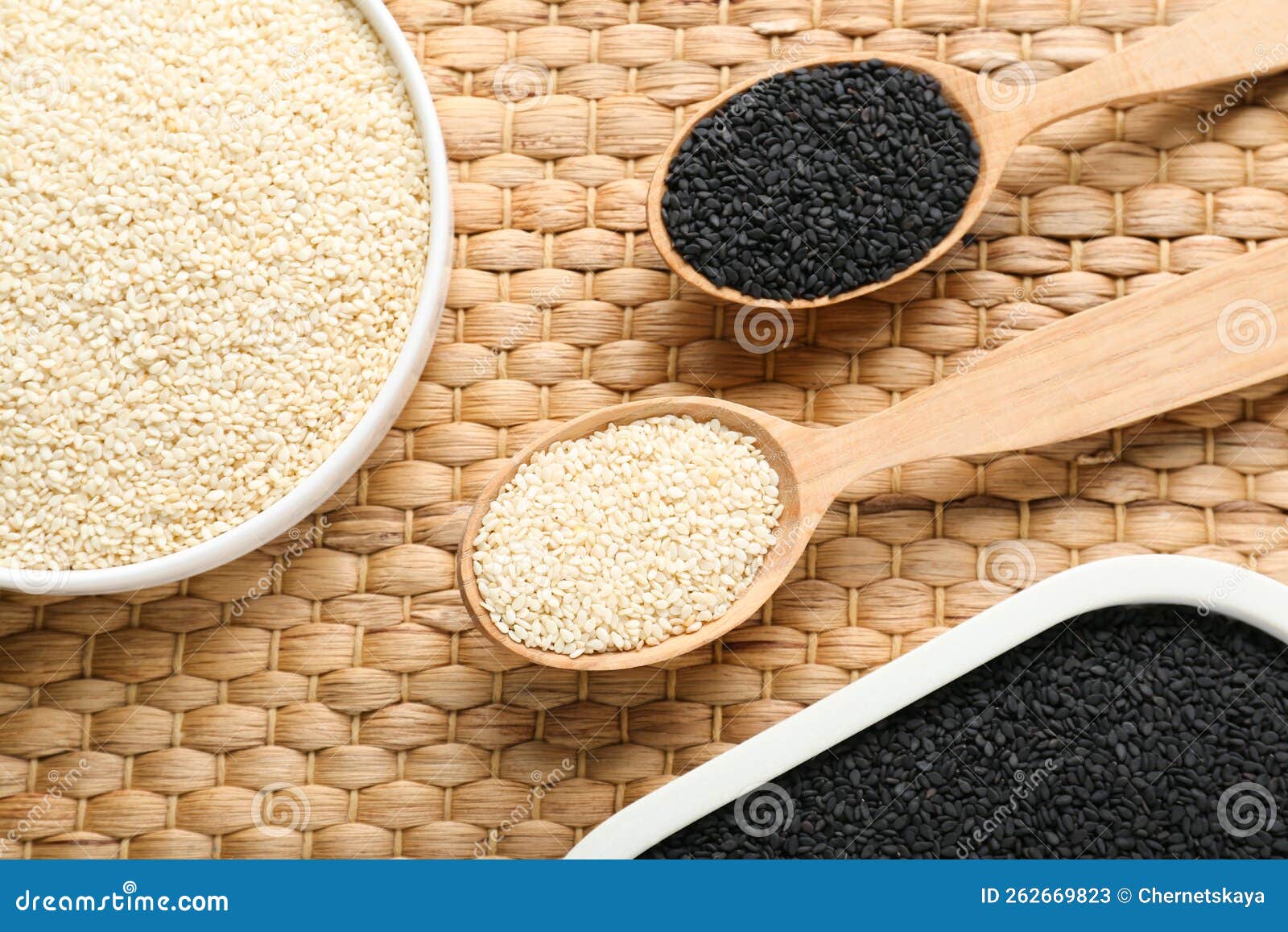Black and White Sesame Seeds on Wicker Mat, Flat Lay Stock Image Image of group, black 262669823