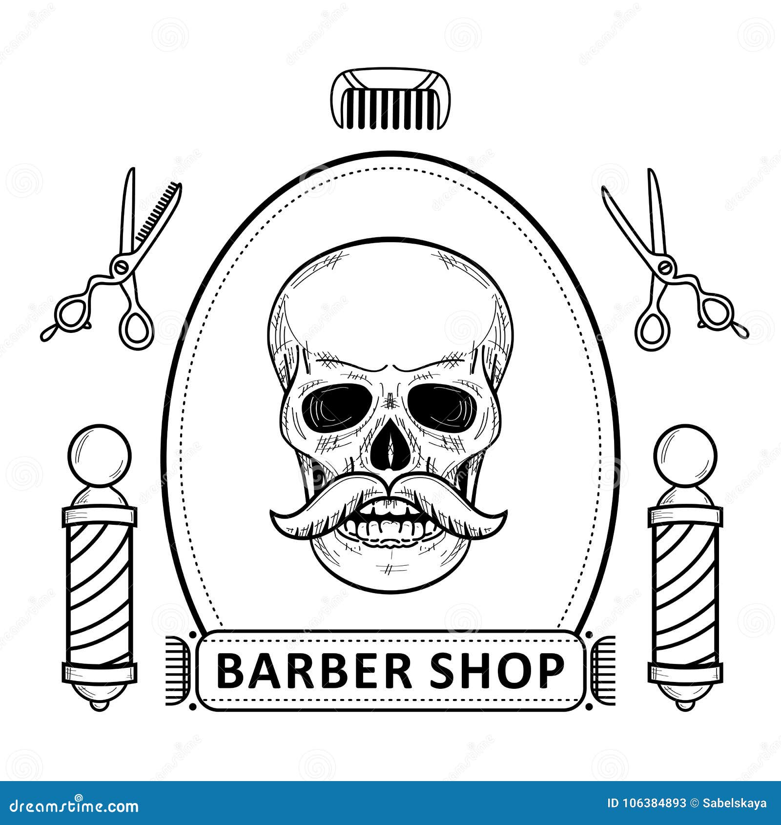 Monochrome set of outlined barbershop items hipster skull, scissors, comb  and barber pole, vector illustration isolated on white background. Barber  shop set hipster barber skull and tools Stock Vector