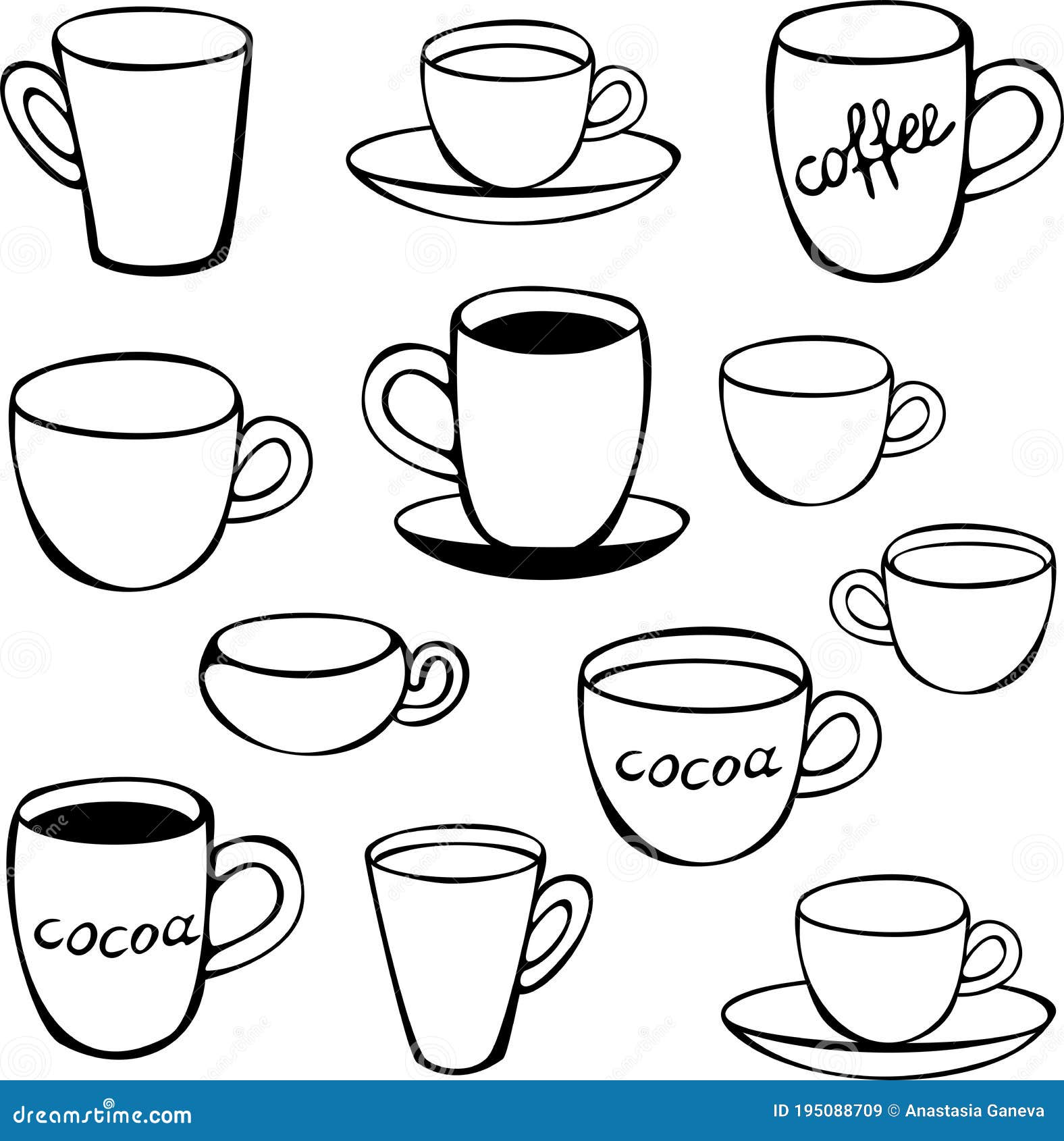 Black and White Set of Twelve Different Cups and Mugs. Crockery Vector