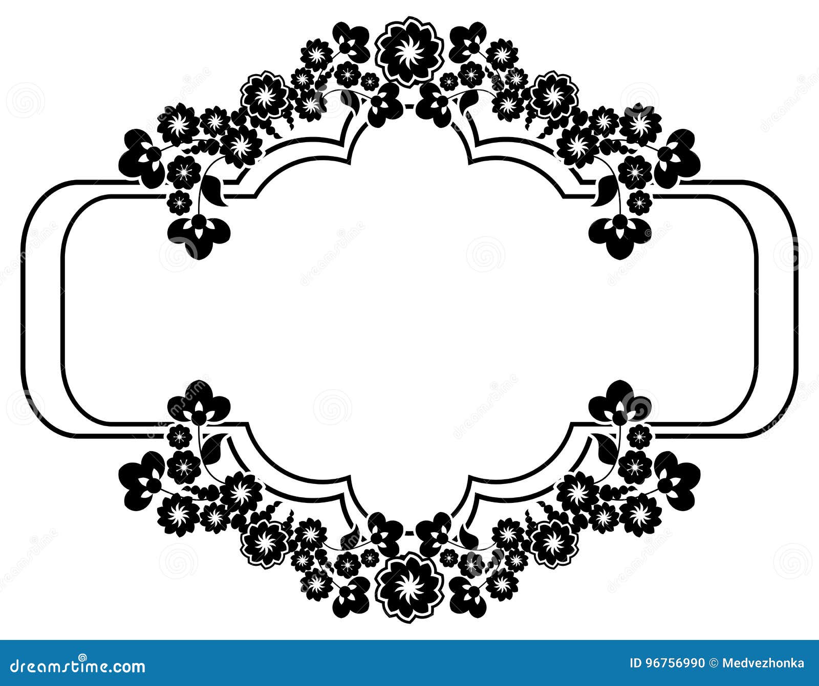 Black and White Silhouette Frame with Decorative Flowers. Stock Vector