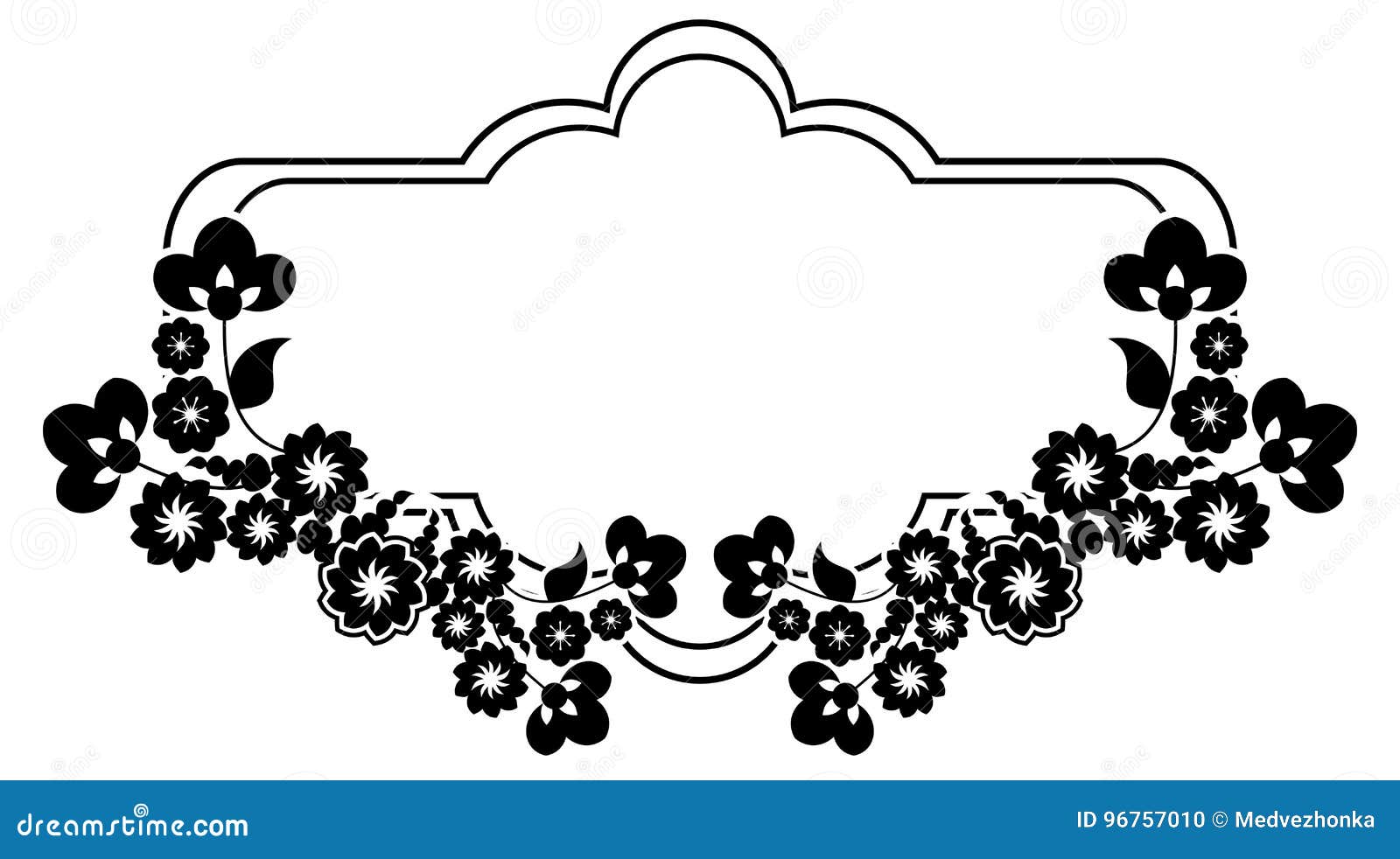 Black and White Silhouette Frame with Decorative Flowers. Stock Vector