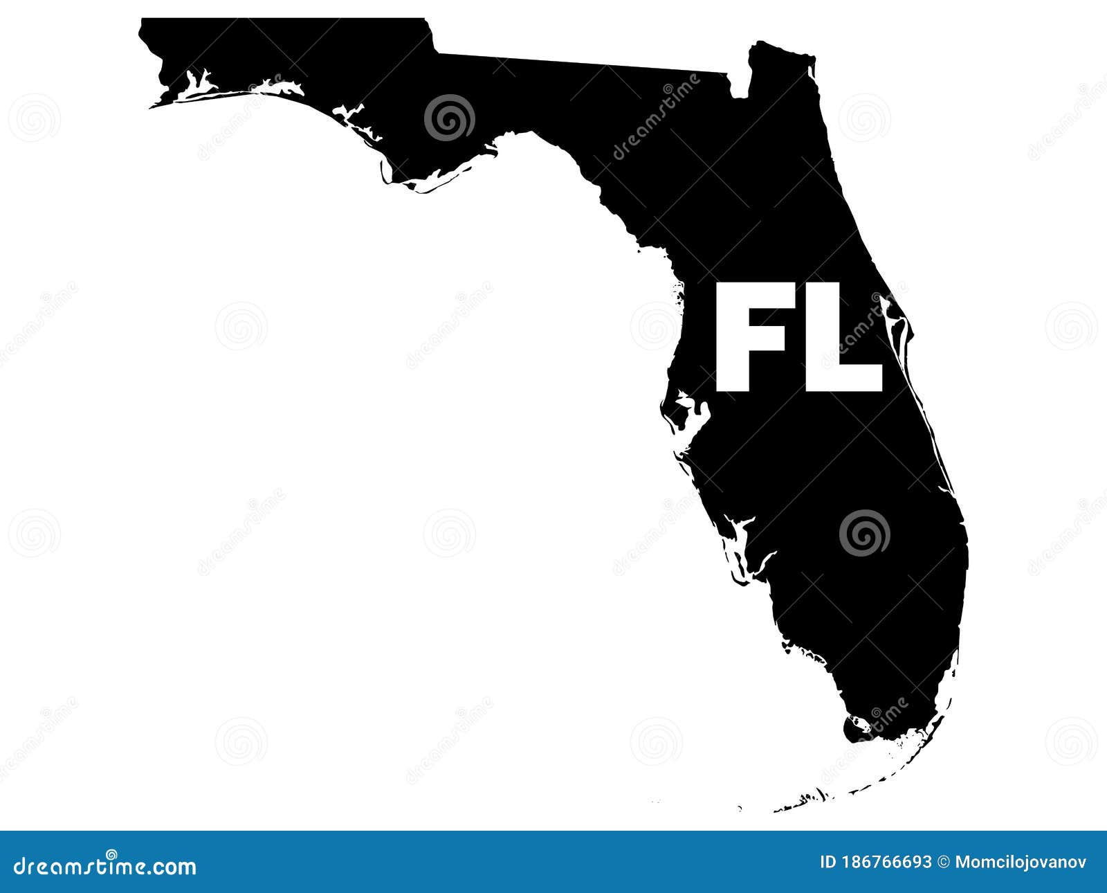 Black Map of Florida with Postal Code Abbreviation Stock Vector