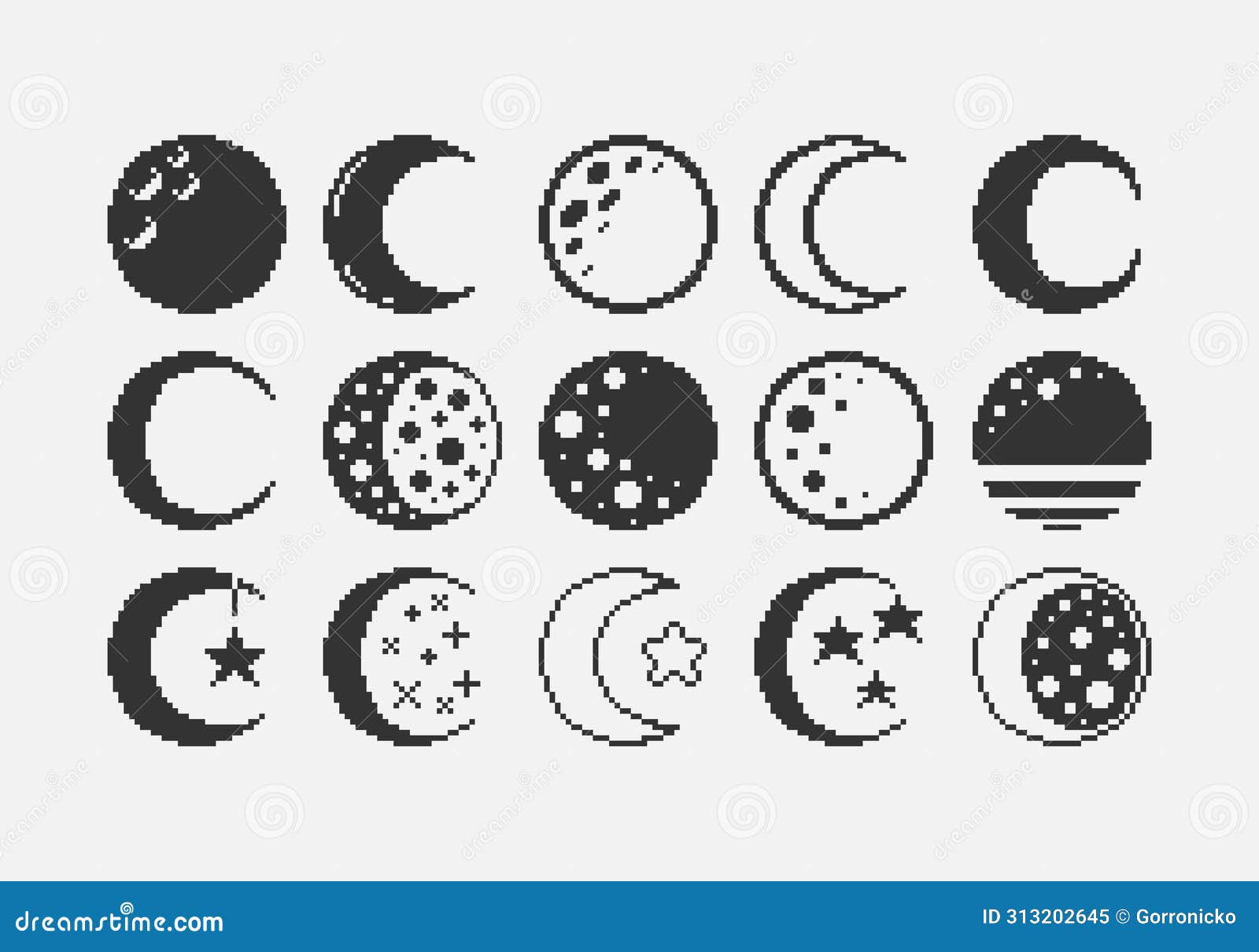 black and white simple 1bit  pixel art set of different stylizations of the moon icons on white background