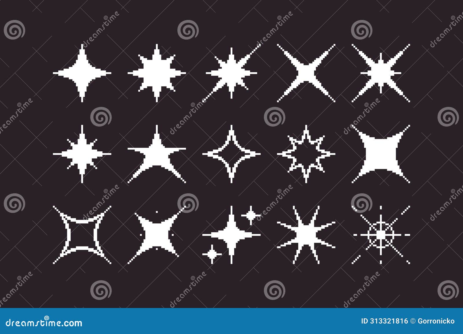 black and white simple 1bit  pixel art set of different stylizations of star and sparkle icons. shine effect signs