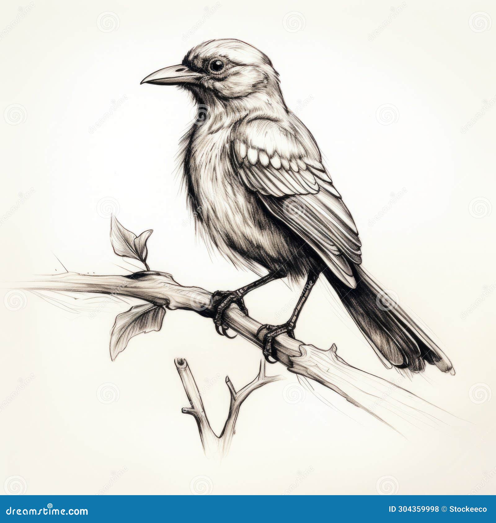 Realistic Hand Drawn Bird Perched on Branch Illustration Stock ...