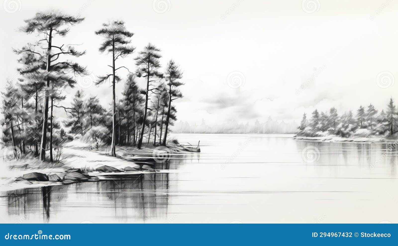 black and white sketch of pine trees along water