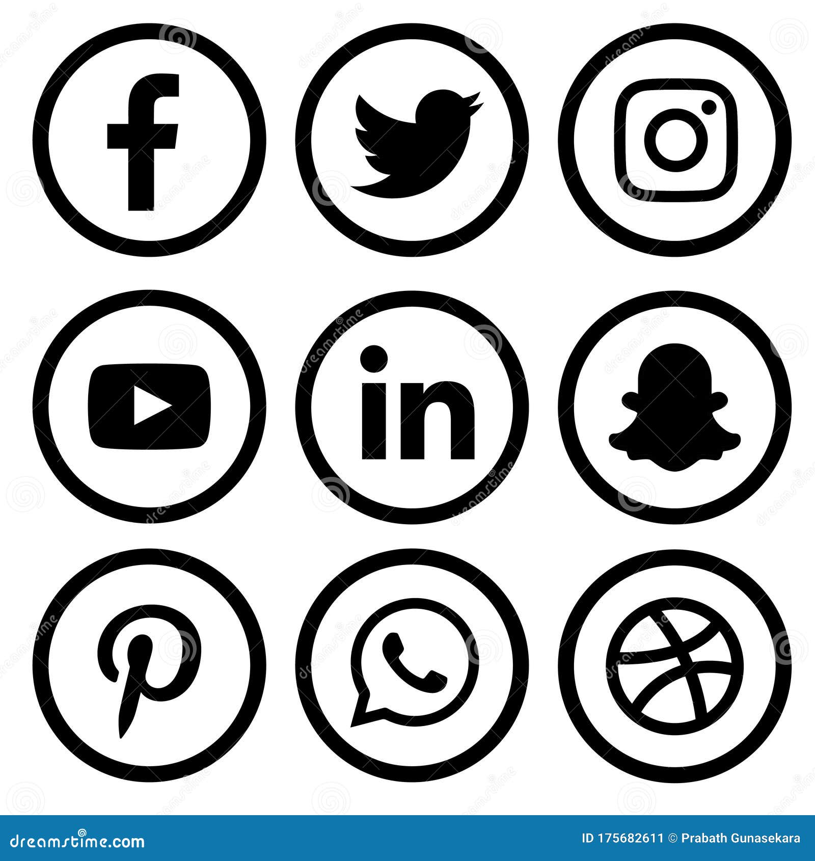 Black & White Social Media Logo Set of Facebook Twitter Instagram Pinterest  Whatsapp Dribble You-tube Linked in and Snap-chat Editorial Photo -  Illustration of logo, roundedicon: 175682611