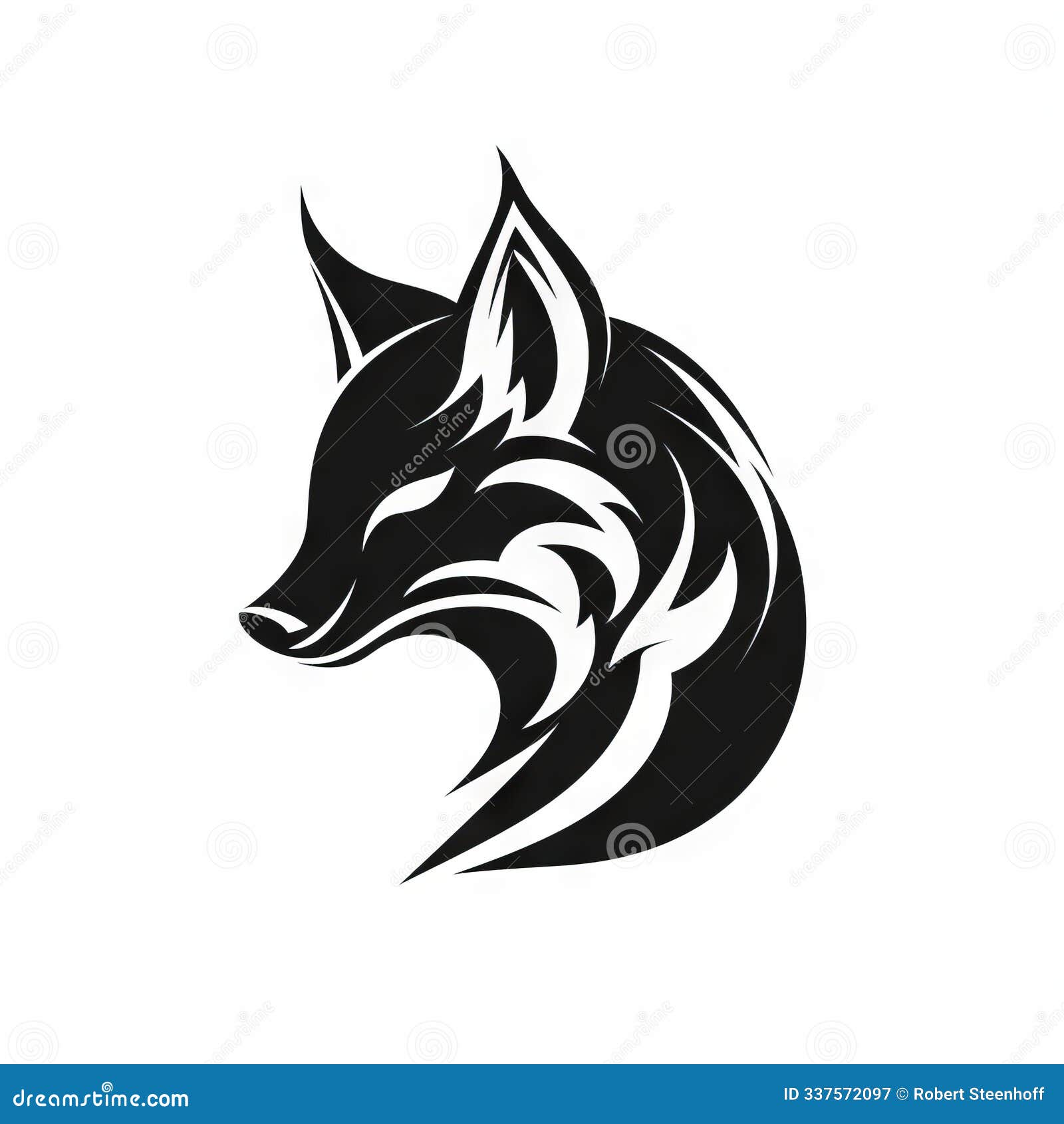 black and white stylized fox head .