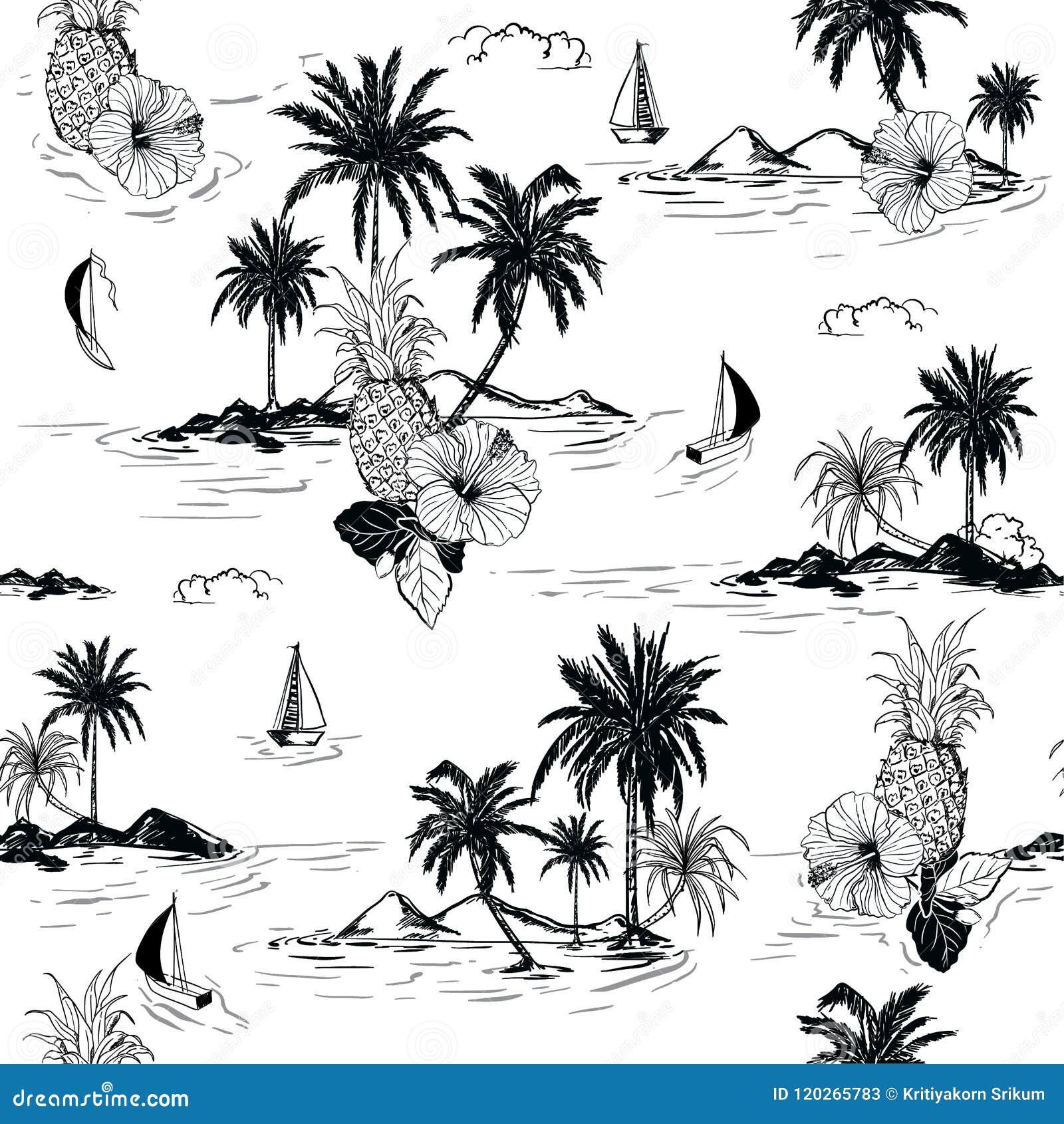 tropical island clipart black and white