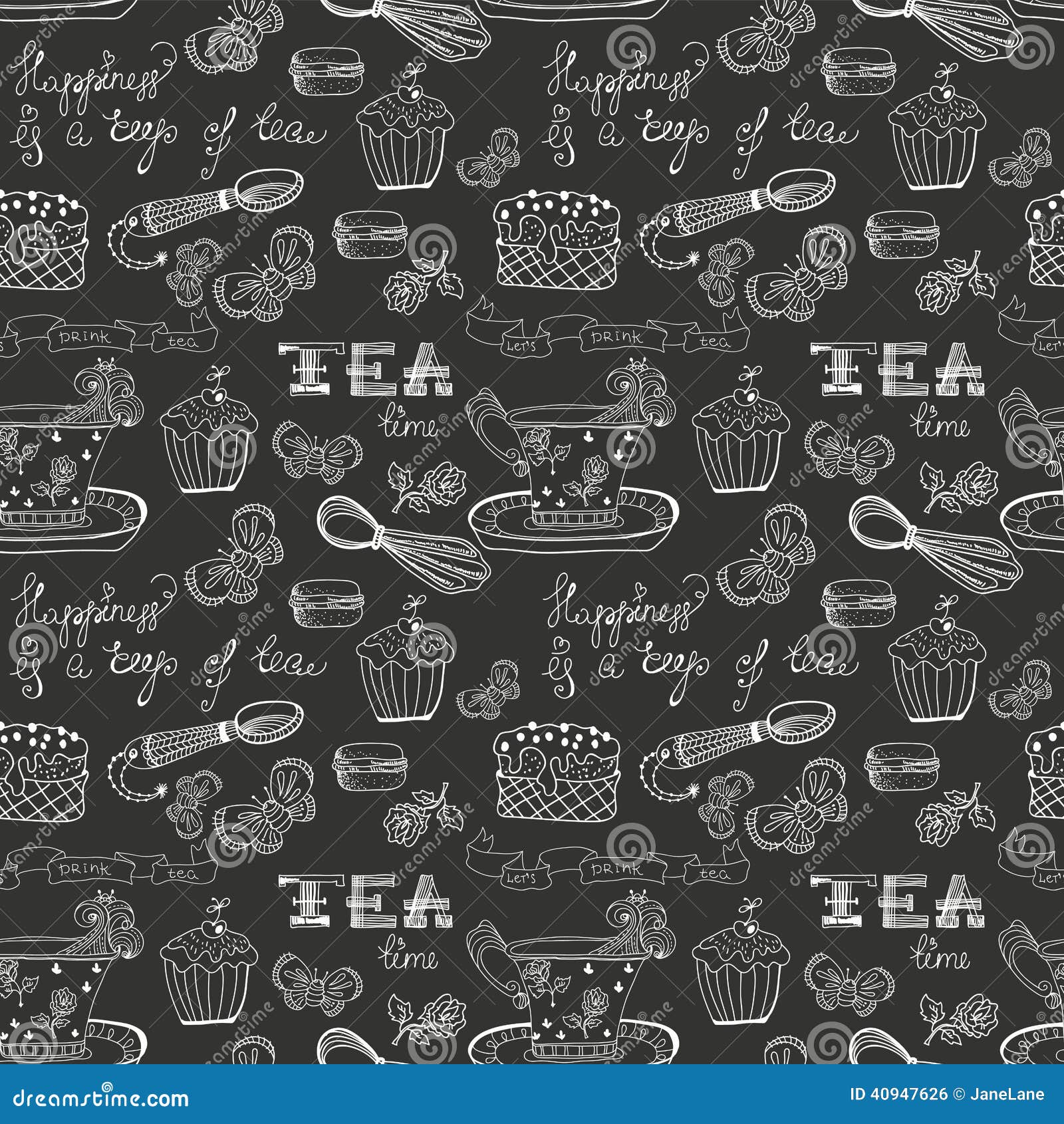 Black and White Tea Time Pattern Stock Illustration - Illustration of ...