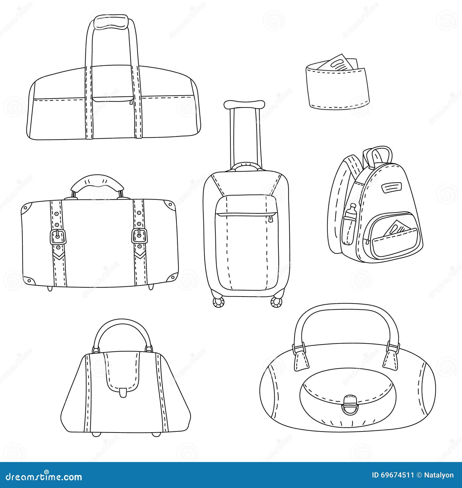 Black and White Travel Bags Linear Drawings Set, Vector Stock Vector