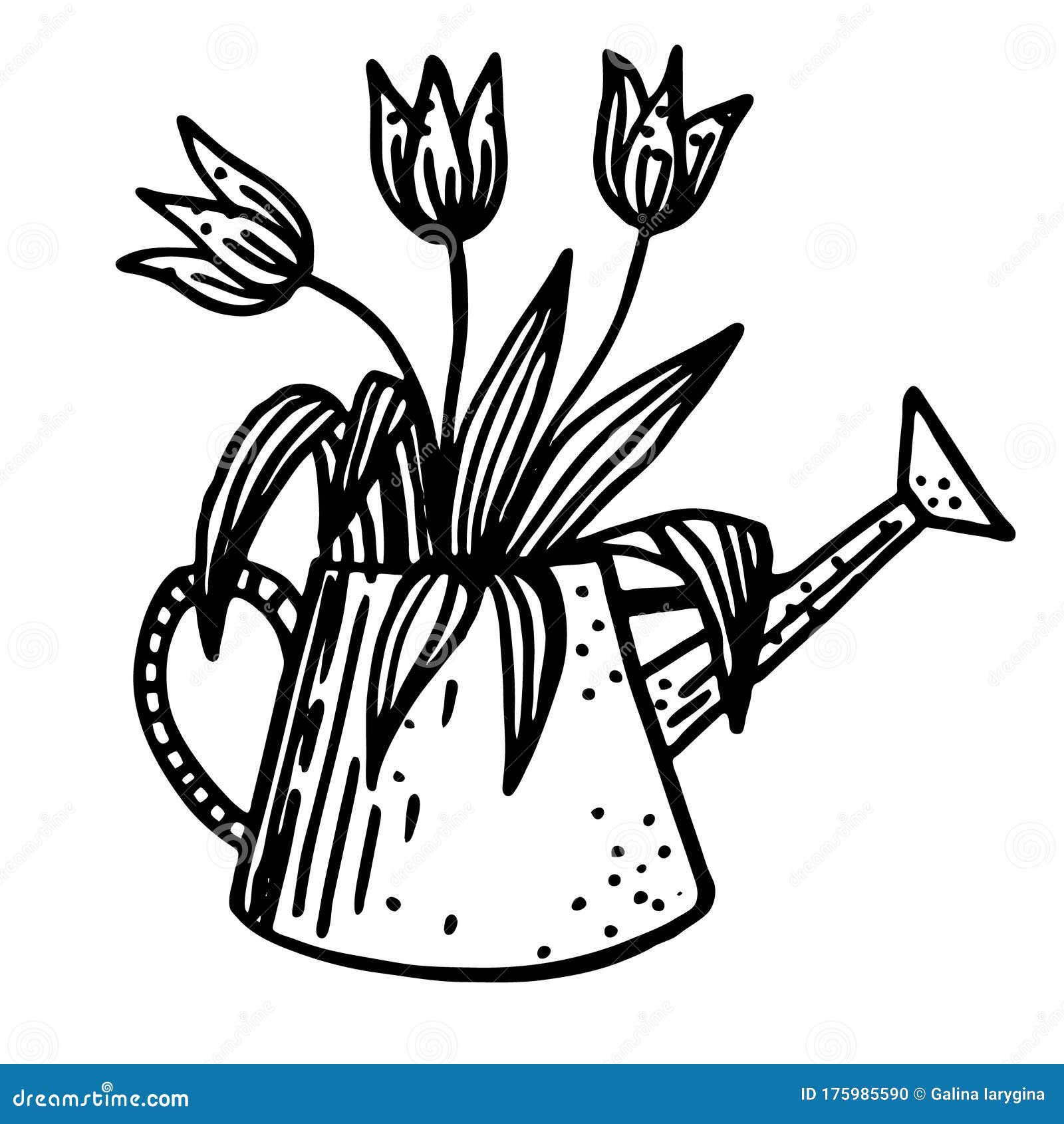 Black and White Vector Flowers in a Watering Can Hand-drawn in Doodle