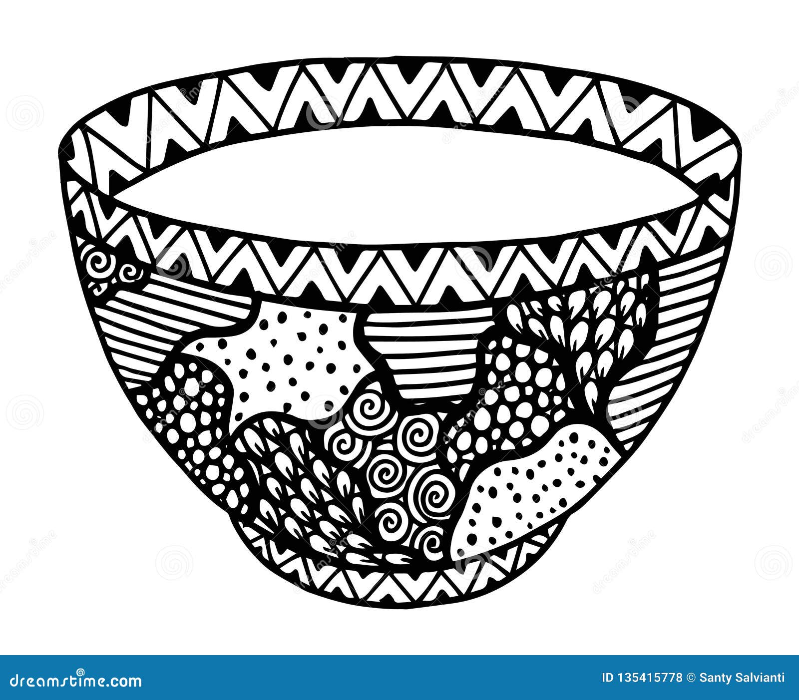 Black and White Vector Hand Drawn Bowl, Doodle Style Illustration Stock