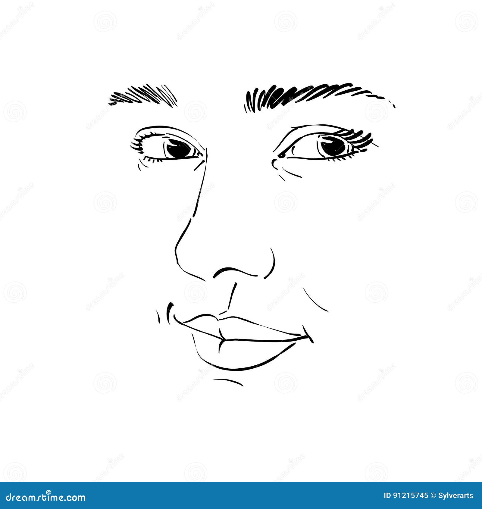 Black and White Vector Hand-drawn Portrait of White-skin Flirting Woman ...