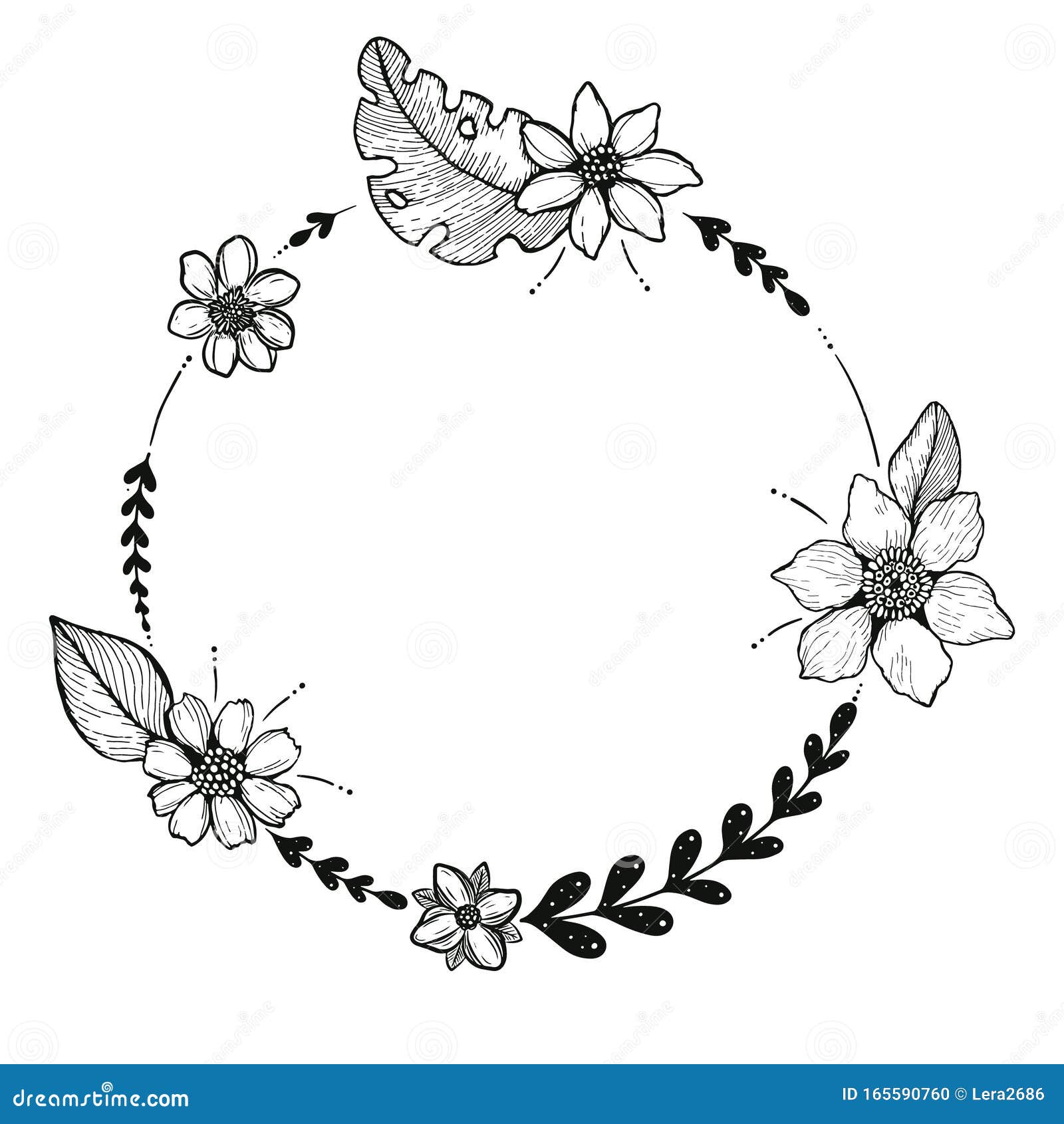 Black and White Vector Illustration. Floral Design. Circle Frame for
