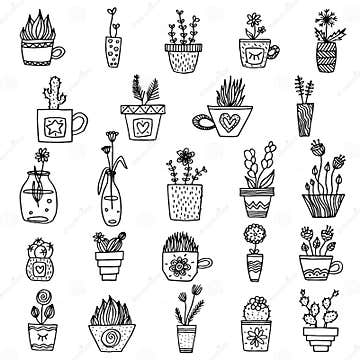 Black and White Vector Plants in Line Art. Monochrome Simple Plants in ...