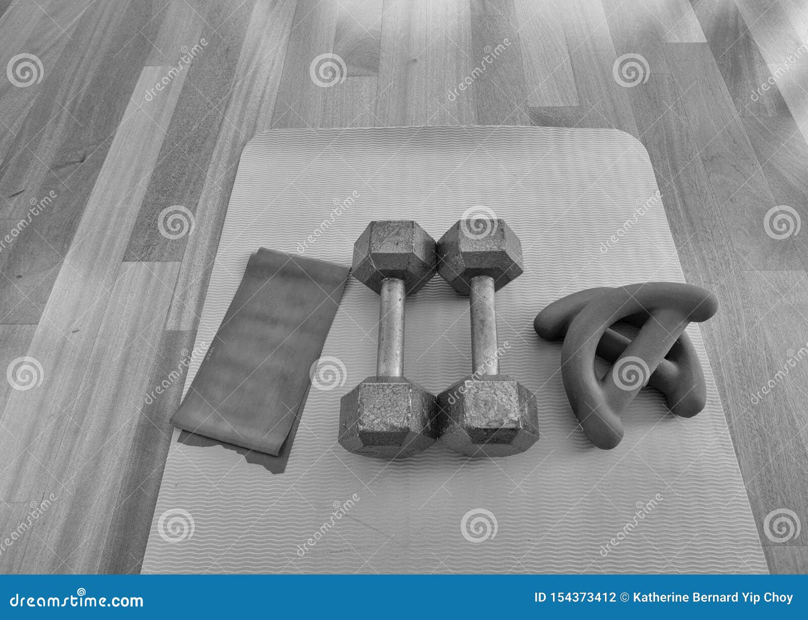 Black And White Version Of Overhead View Of A Pair Of Dumbbells
