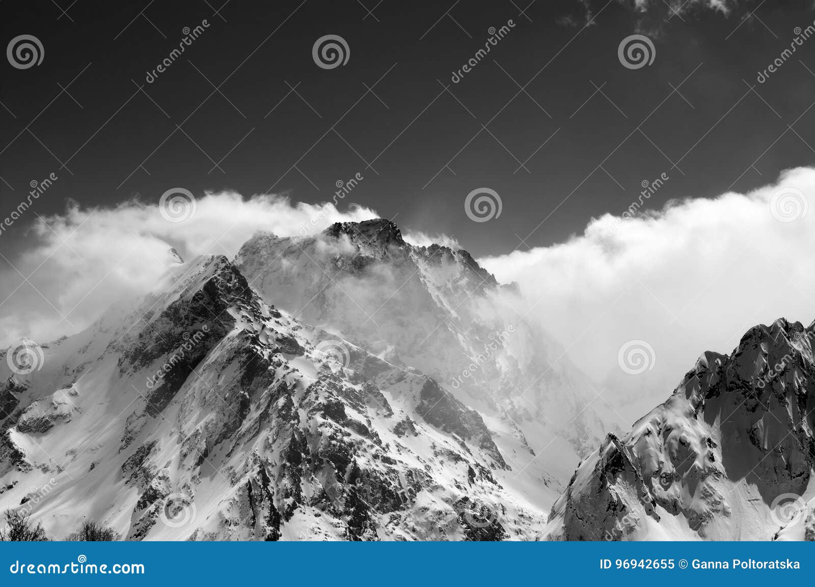 Black and White View on Snow Winter Mountains in Clouds Stock Image ...