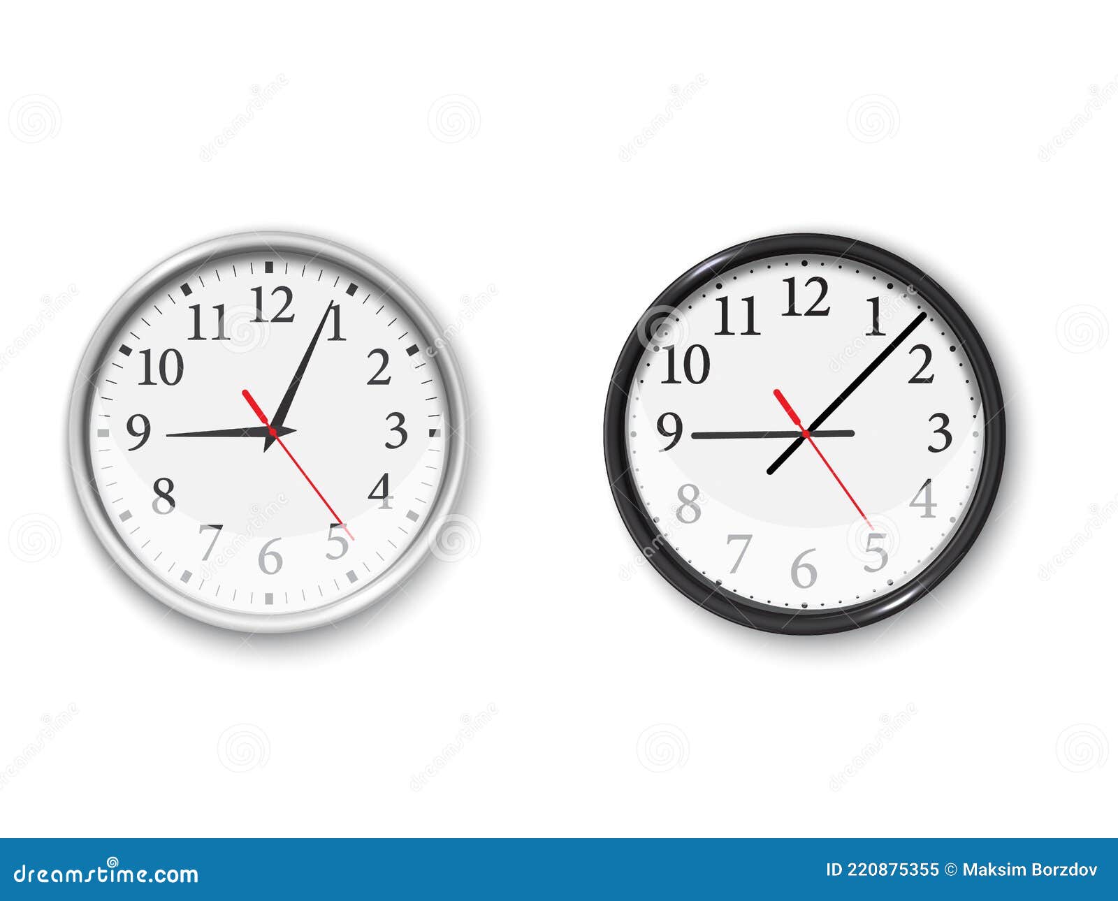 Black and White Wall Clock Set in Realistic Style on White Background