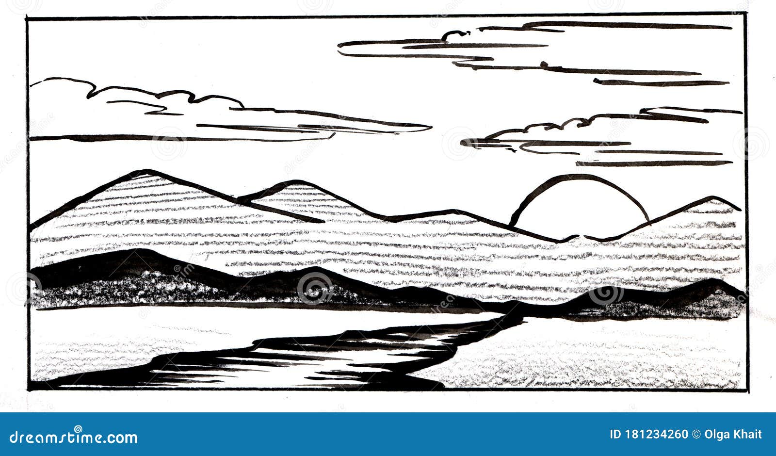 simple wide landscape monochromatic pencil sketch outline on Craiyon
