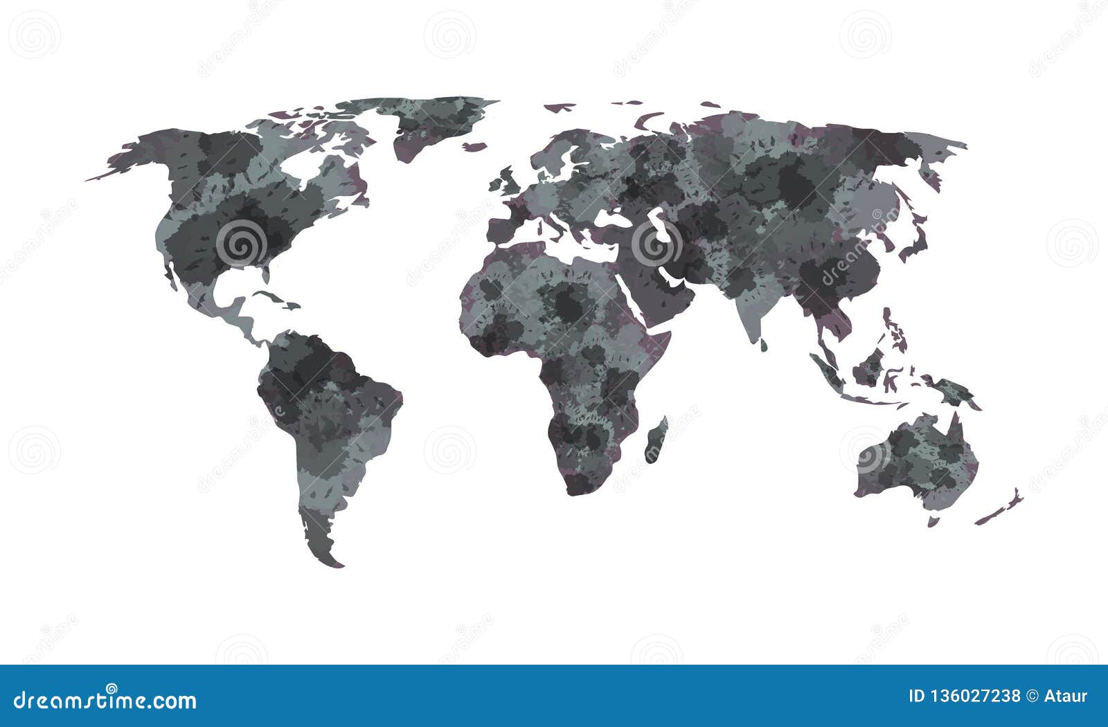 Black and White Watercolor World Map Vector Illustration with Different