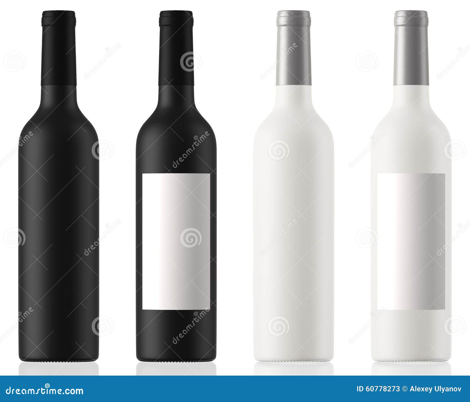 Black and White Wine Bottles Clean and with Labels on White Background
