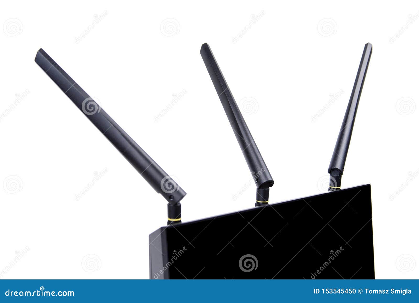 black wireless wi-fi router cable modem, close view on three antennas, macro, closeup  on white. mimo technology