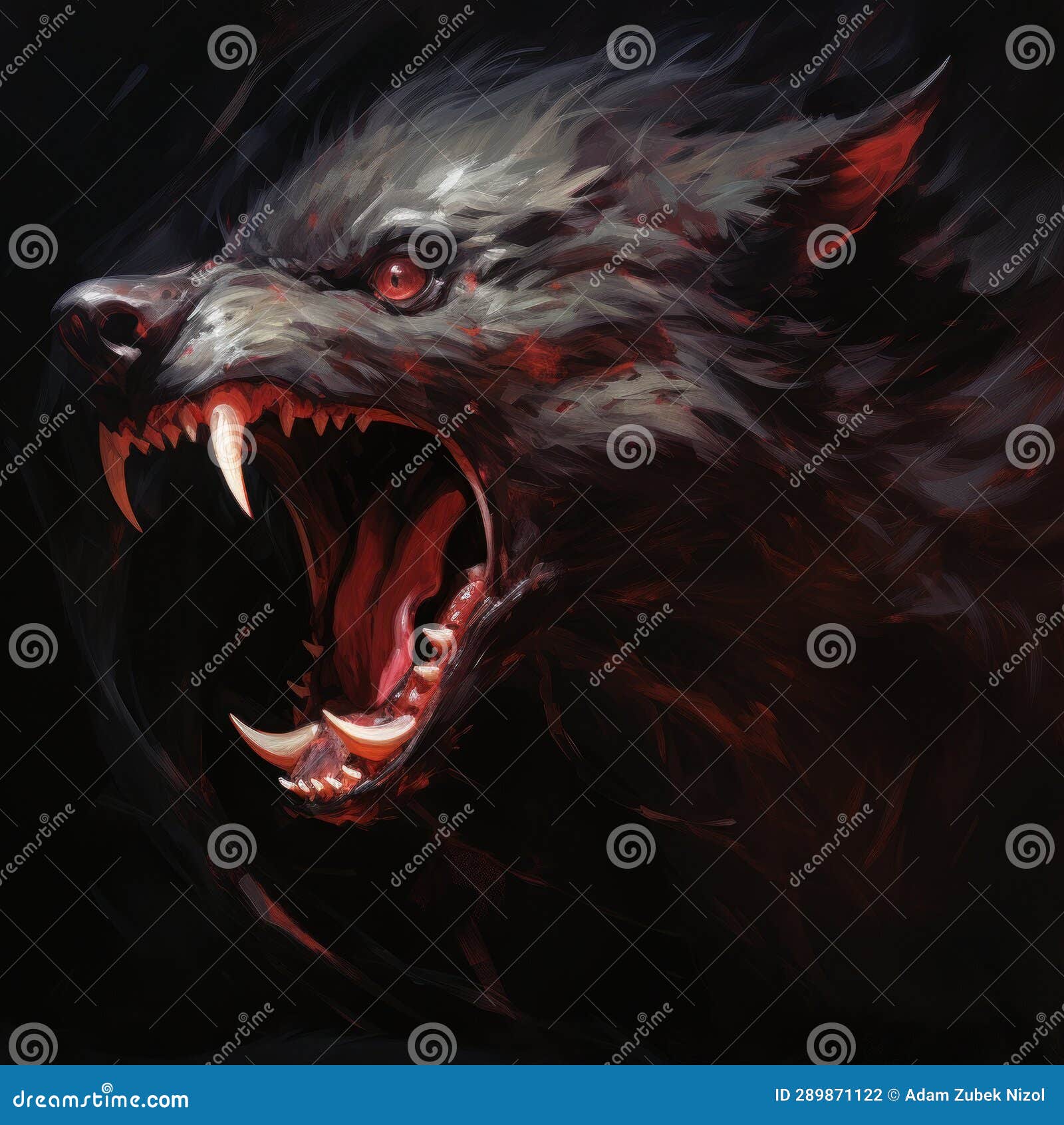 A Black Wolf with Red Eyes and Sharp Teeth Stock Illustration