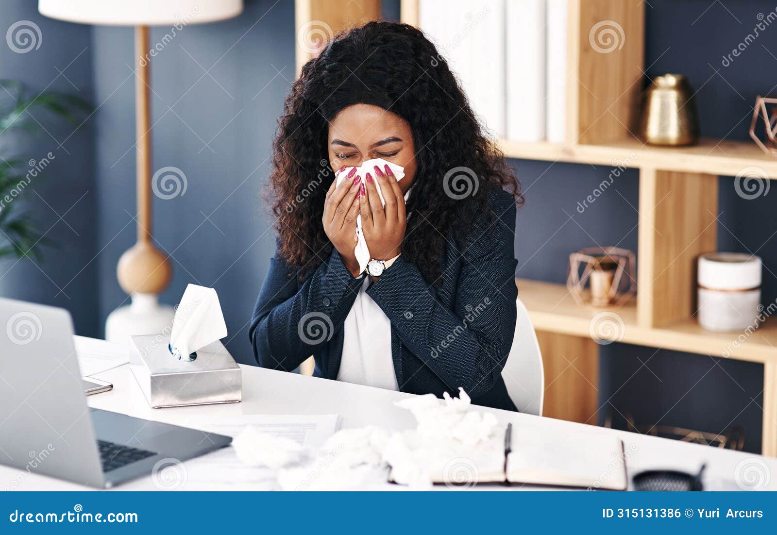 black woman, business and tissue or blowing nose in office for allergies sneeze, virus or hayfever. female person, sick