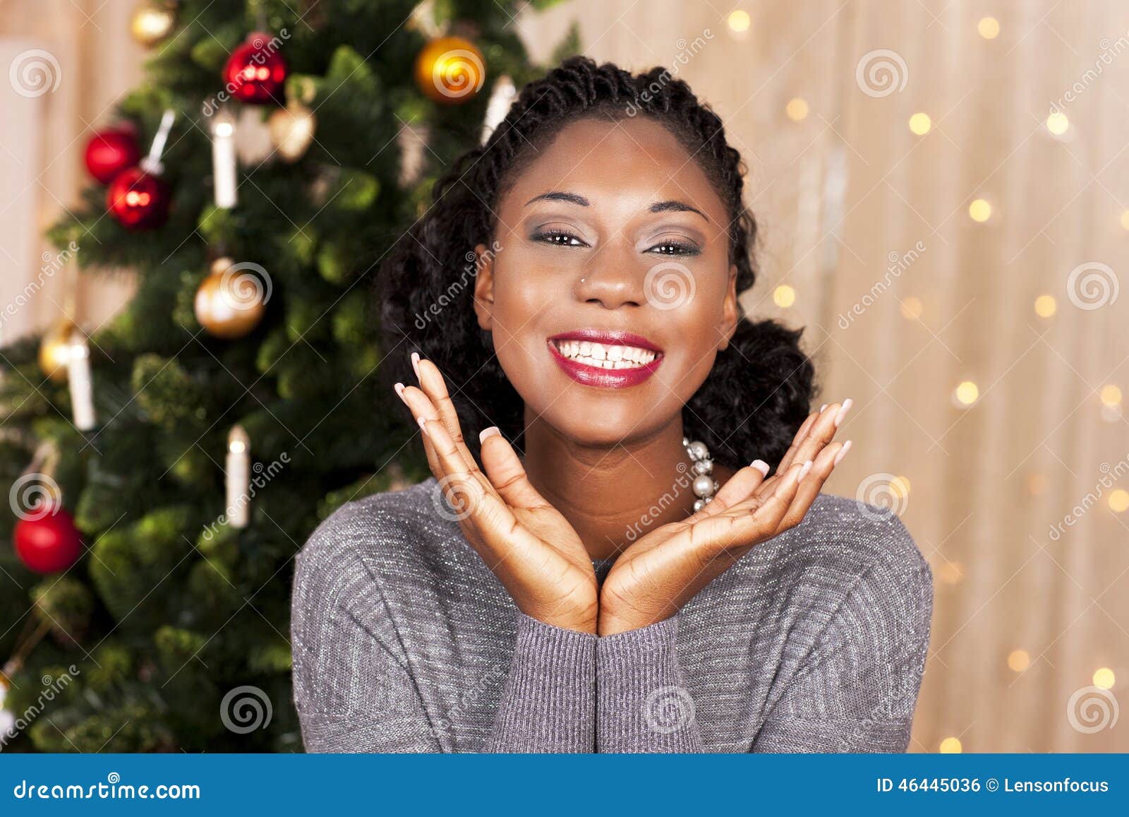 Black Woman in Front of Christmas Tree Stock Photo Image of dark