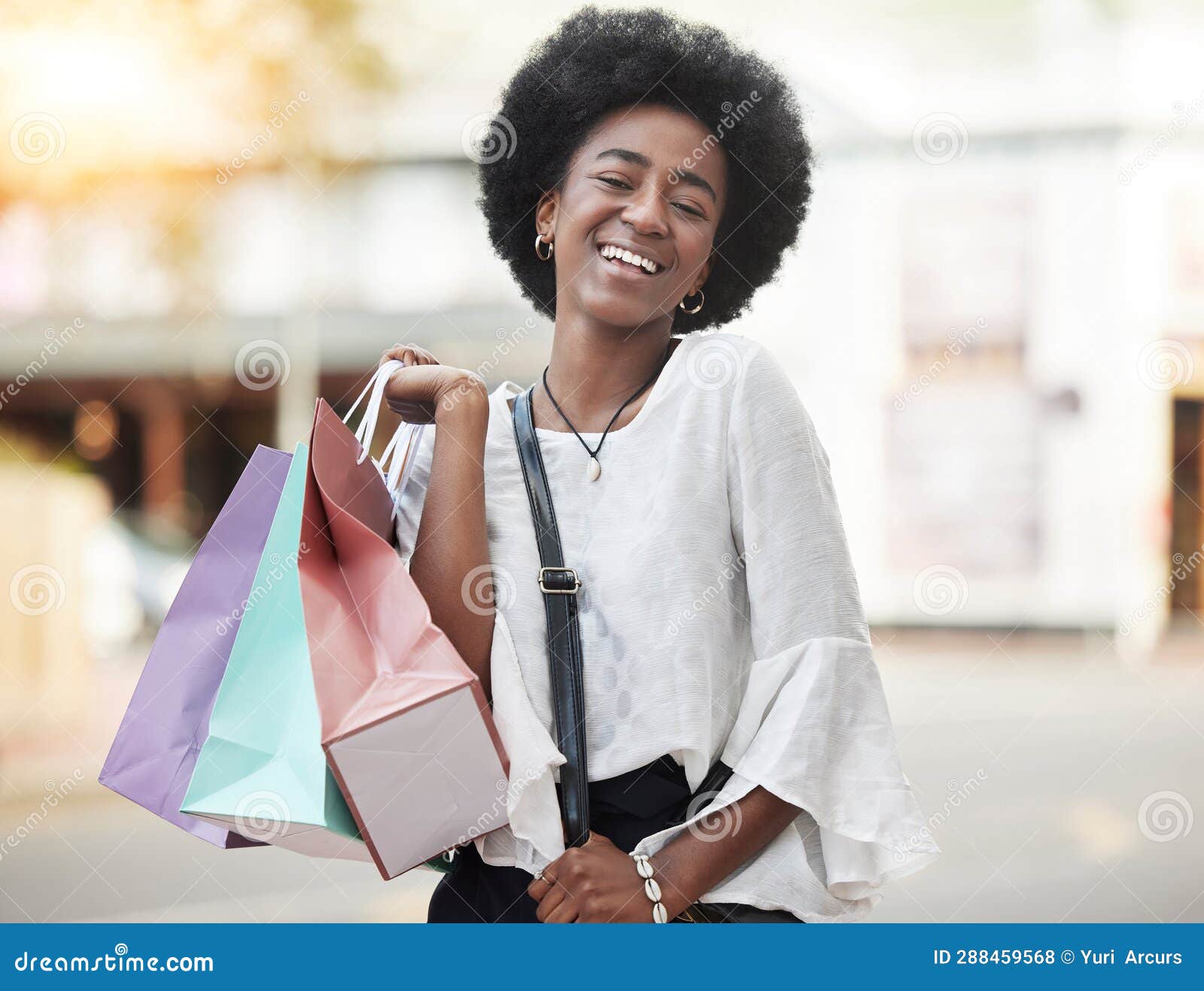 Black Woman, Shopping Bag and Portrait of a Happy Customer Outdoor in a ...