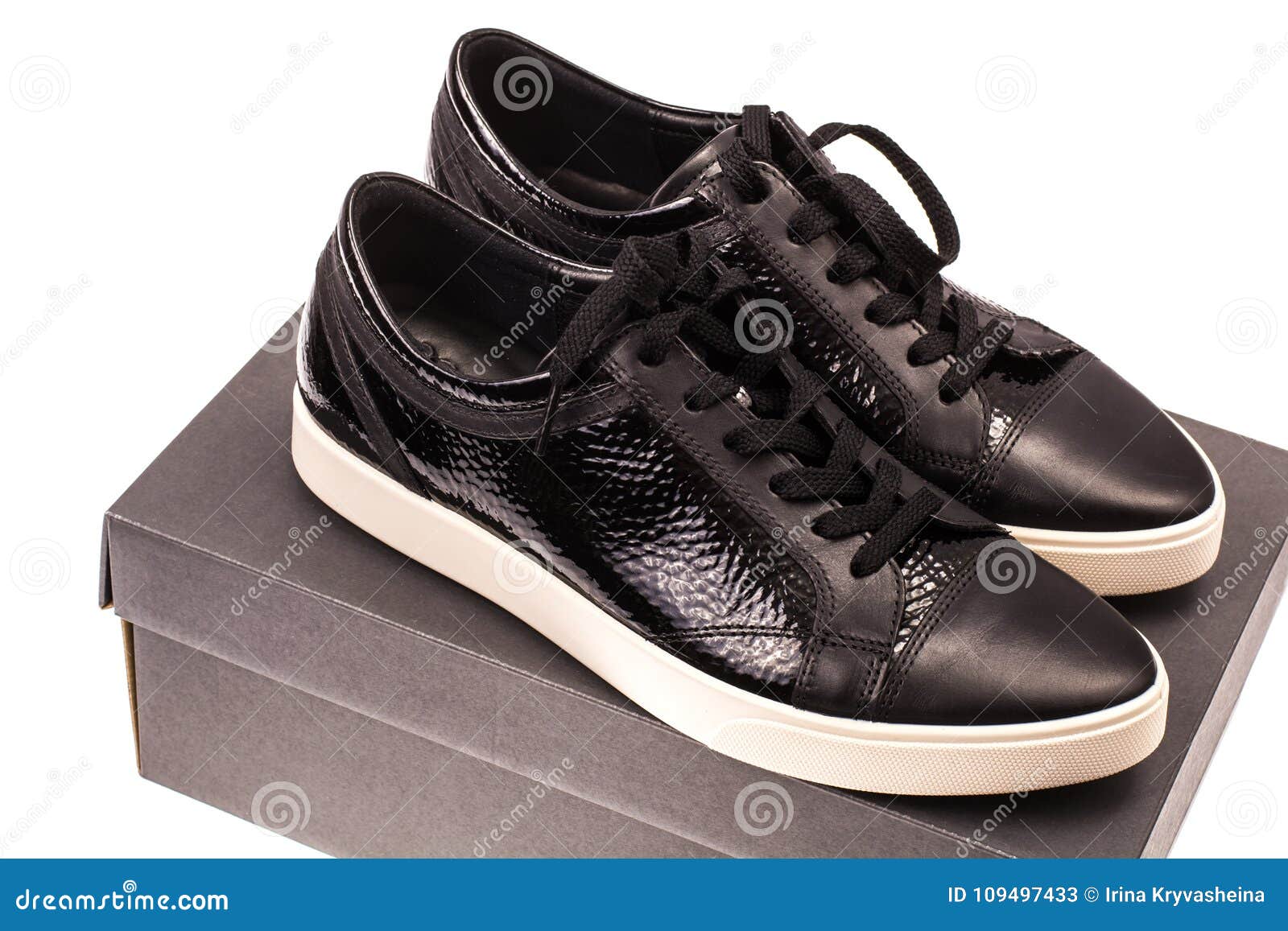 Black Women`s Shoes With Laces On The White Soles Stock