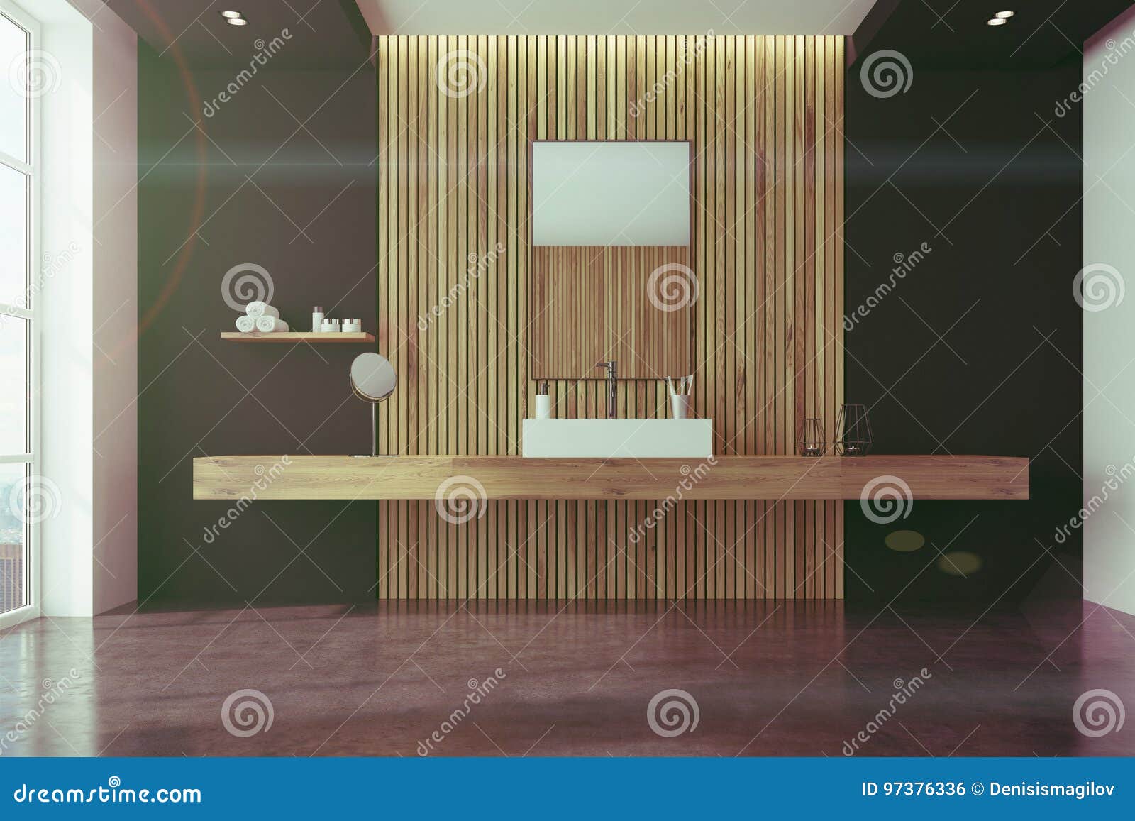 Black and Wooden Bathroom, Sink on Shelf Toned Stock Illustration