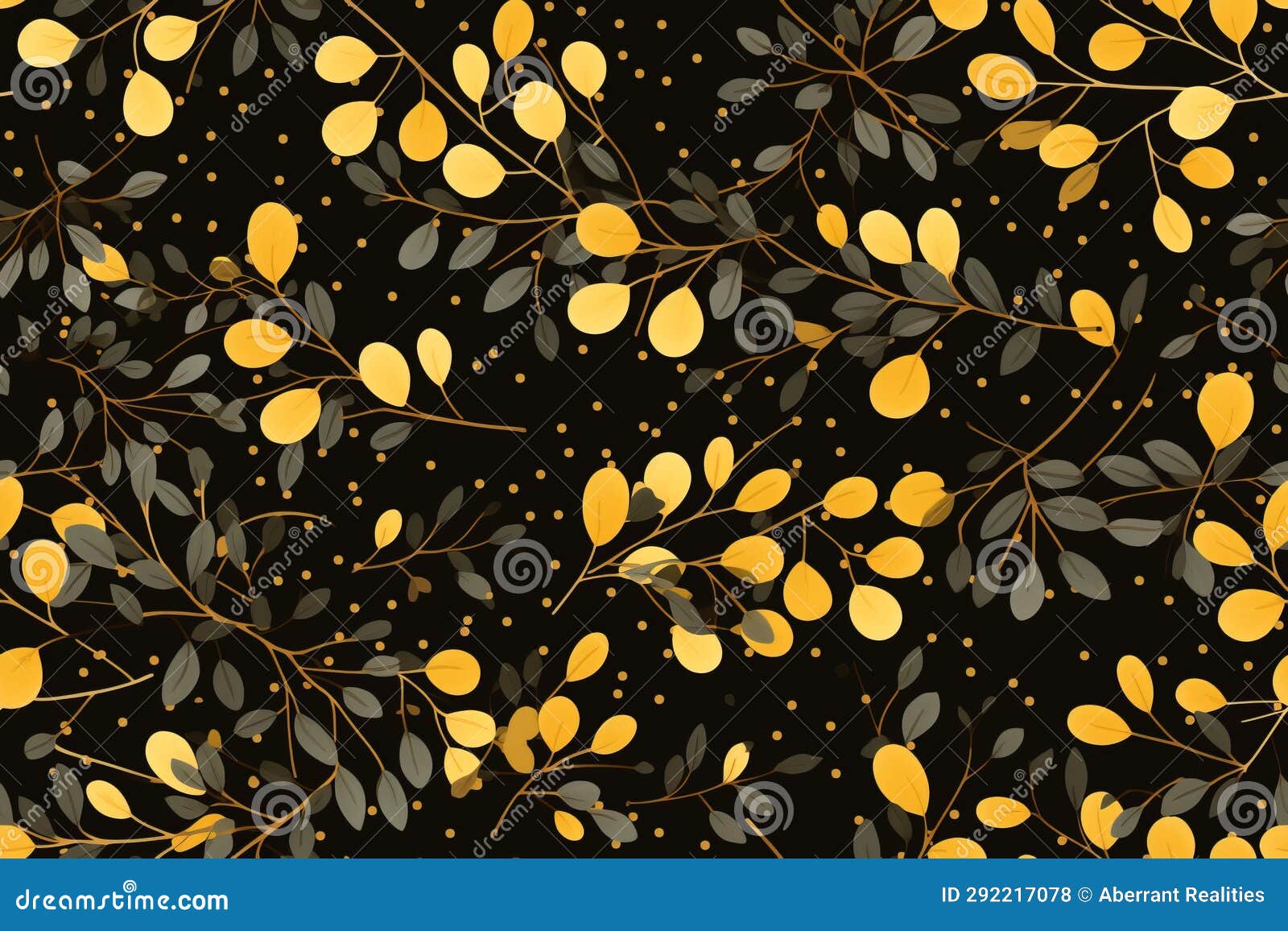 A Black and Yellow Floral Pattern with Leaves Stock Illustration