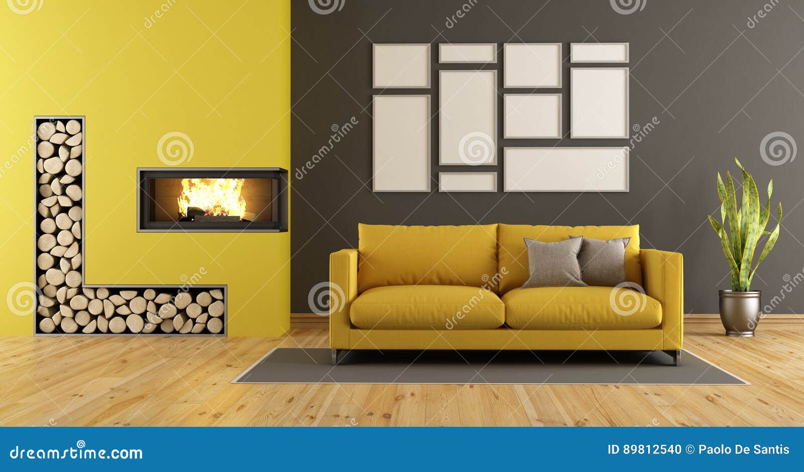 Black and Yellow Living Room with Fireplace Stock Illustration