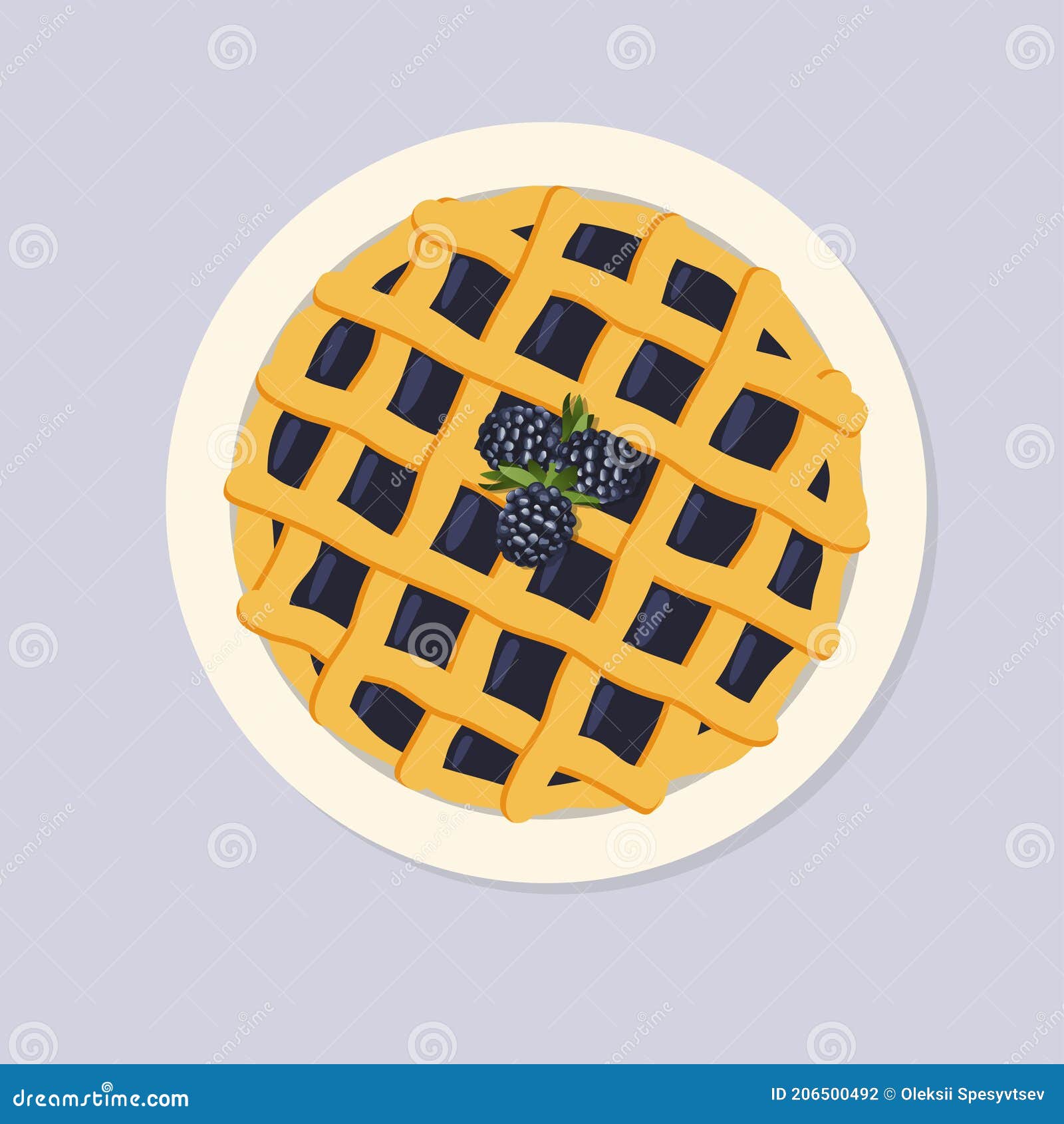 Blackberry Vector Hand Drawn Pie, Flatlay Top View Stock Vector
