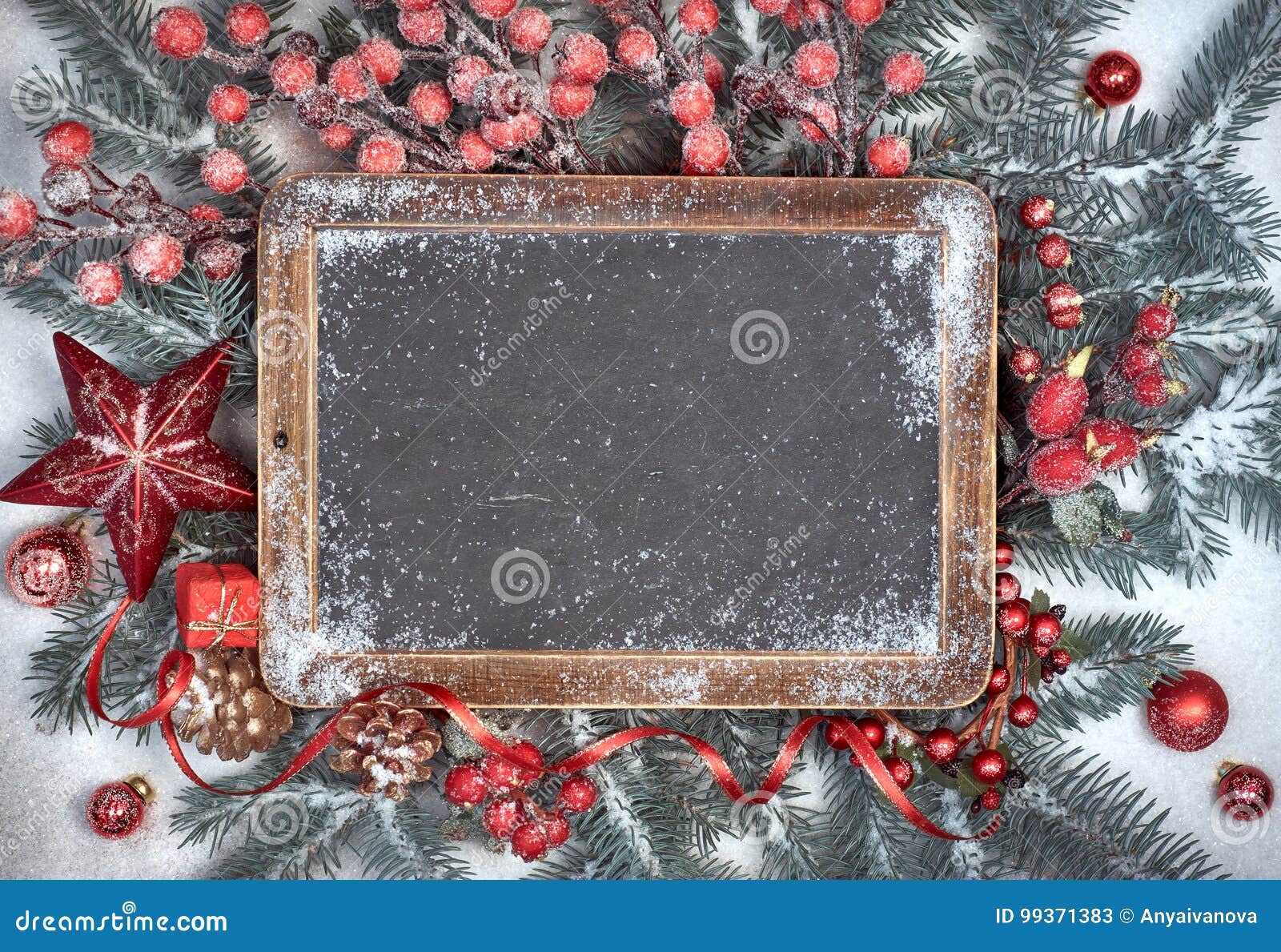 Blackboard with Christmas Decorations on Snow, Space Stock Image