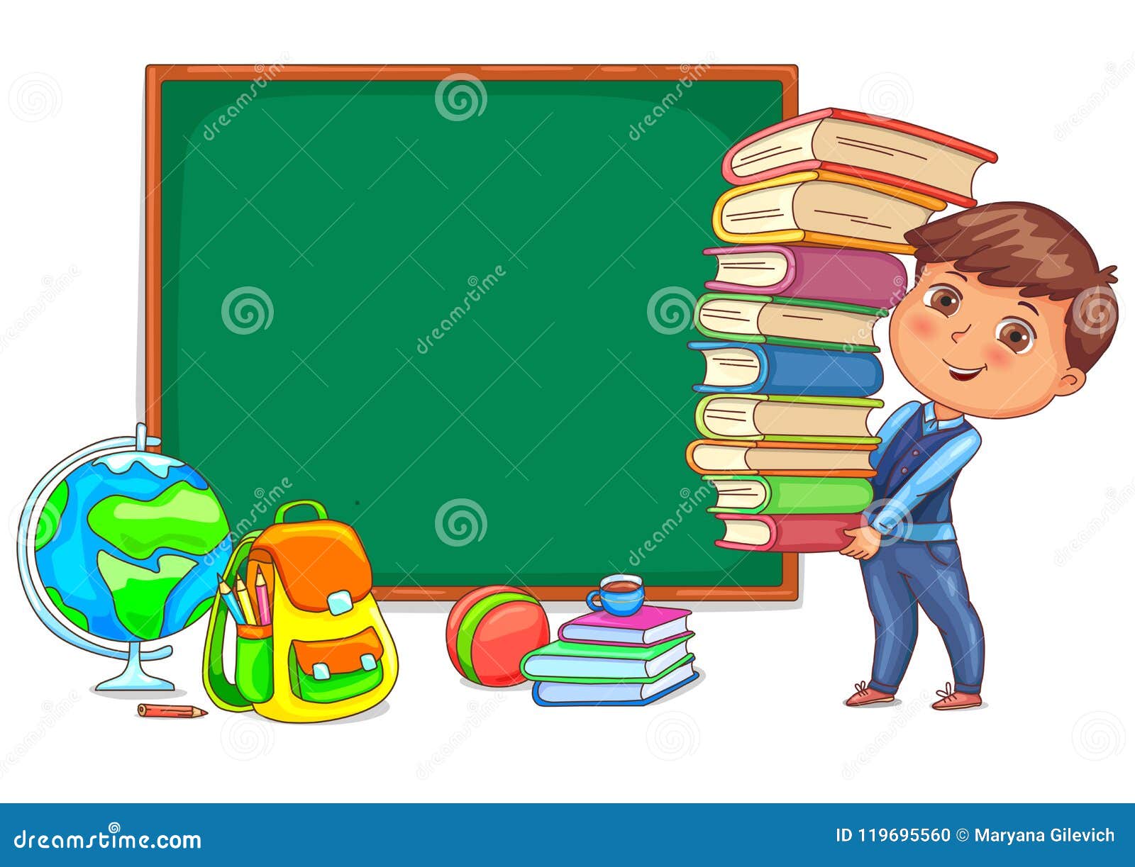 Blackboard and Cute Child with Books. Stock Vector - Illustration of  holding, happiness: 119695560, image size:1600x1223